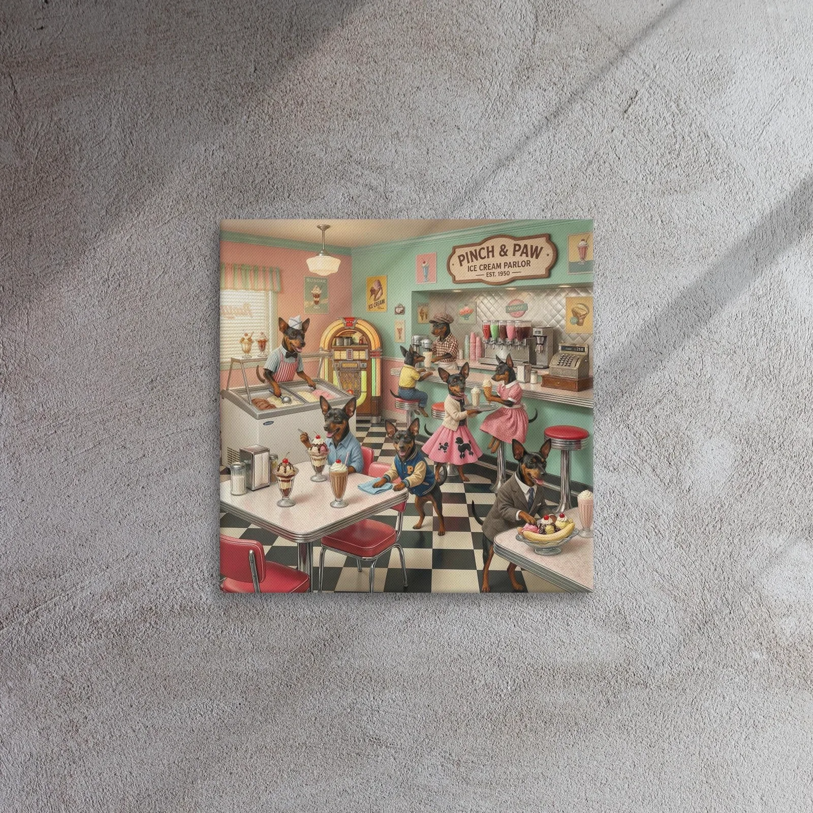 Min Pin Dog Ice Cream Parlor Thin Canvas: Whimsical Dog Wall Art, photo 3