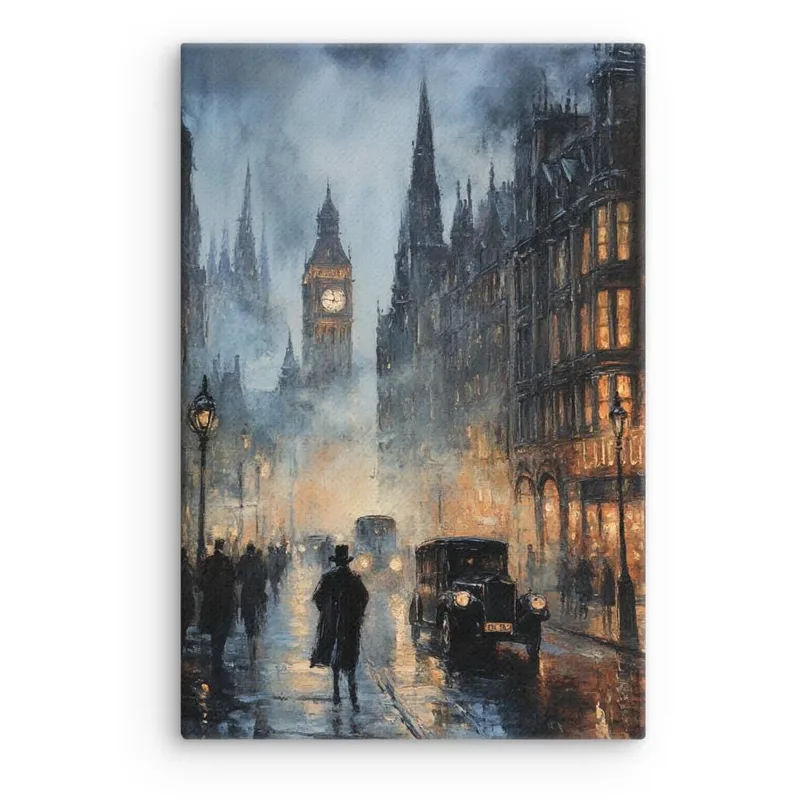 Misty Twilight London Thin Canvas: Vintage Travel Wall Art for Europe Lovers