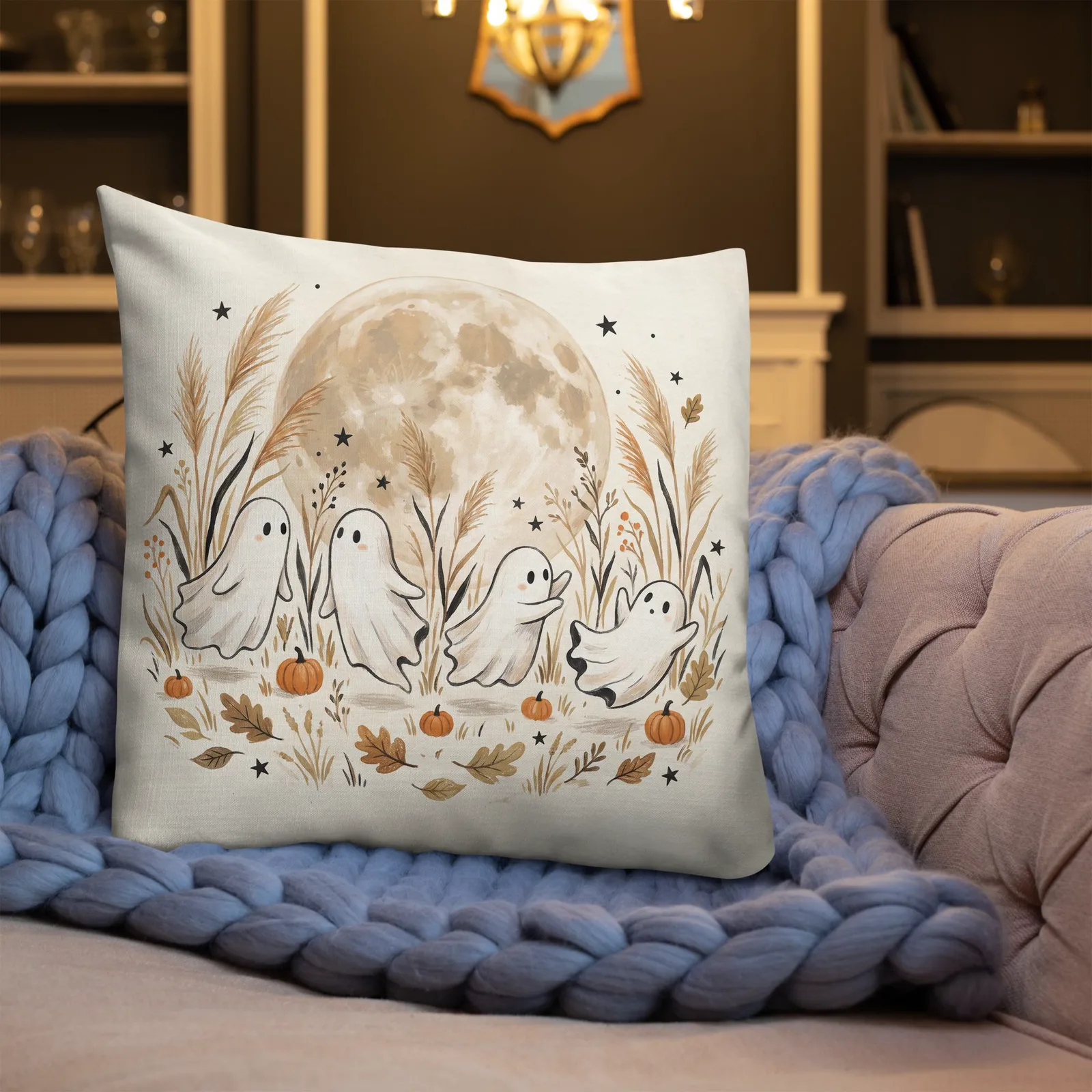 Moonlit Ghost Throw Pillow: Cream Fall Halloween Decor Cushion, photo 7