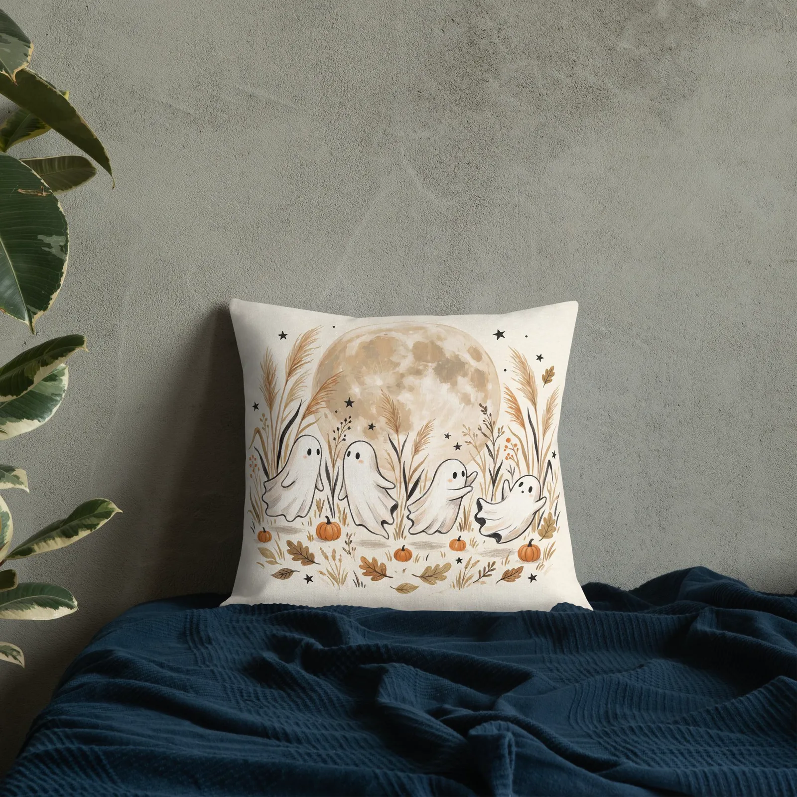 Moonlit Ghost Throw Pillow: Cream Fall Halloween Decor Cushion, photo 8