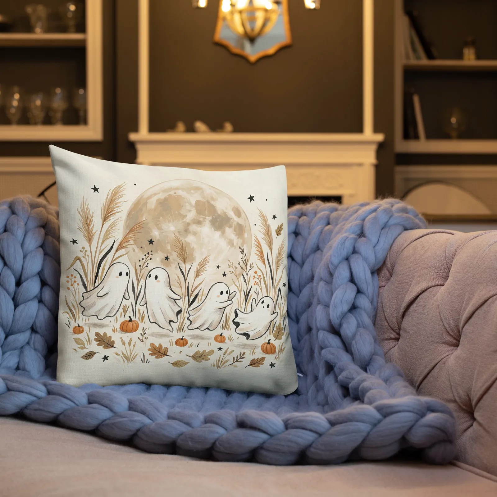 Moonlit Ghost Throw Pillow: Cream Fall Halloween Decor Cushion, photo 6