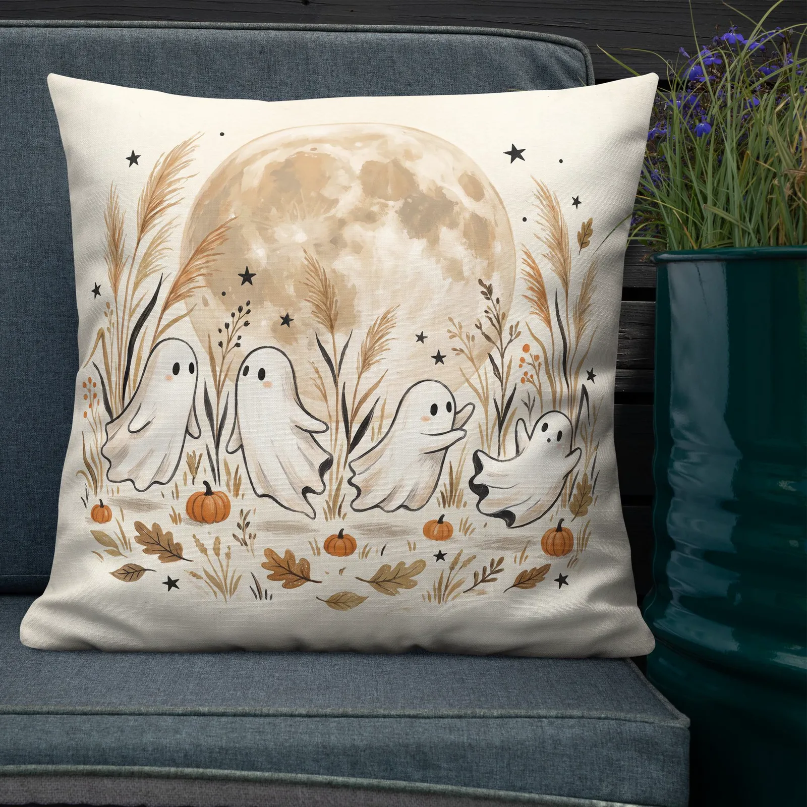 Moonlit Ghost Throw Pillow: Cream Fall Halloween Decor Cushion, photo 3