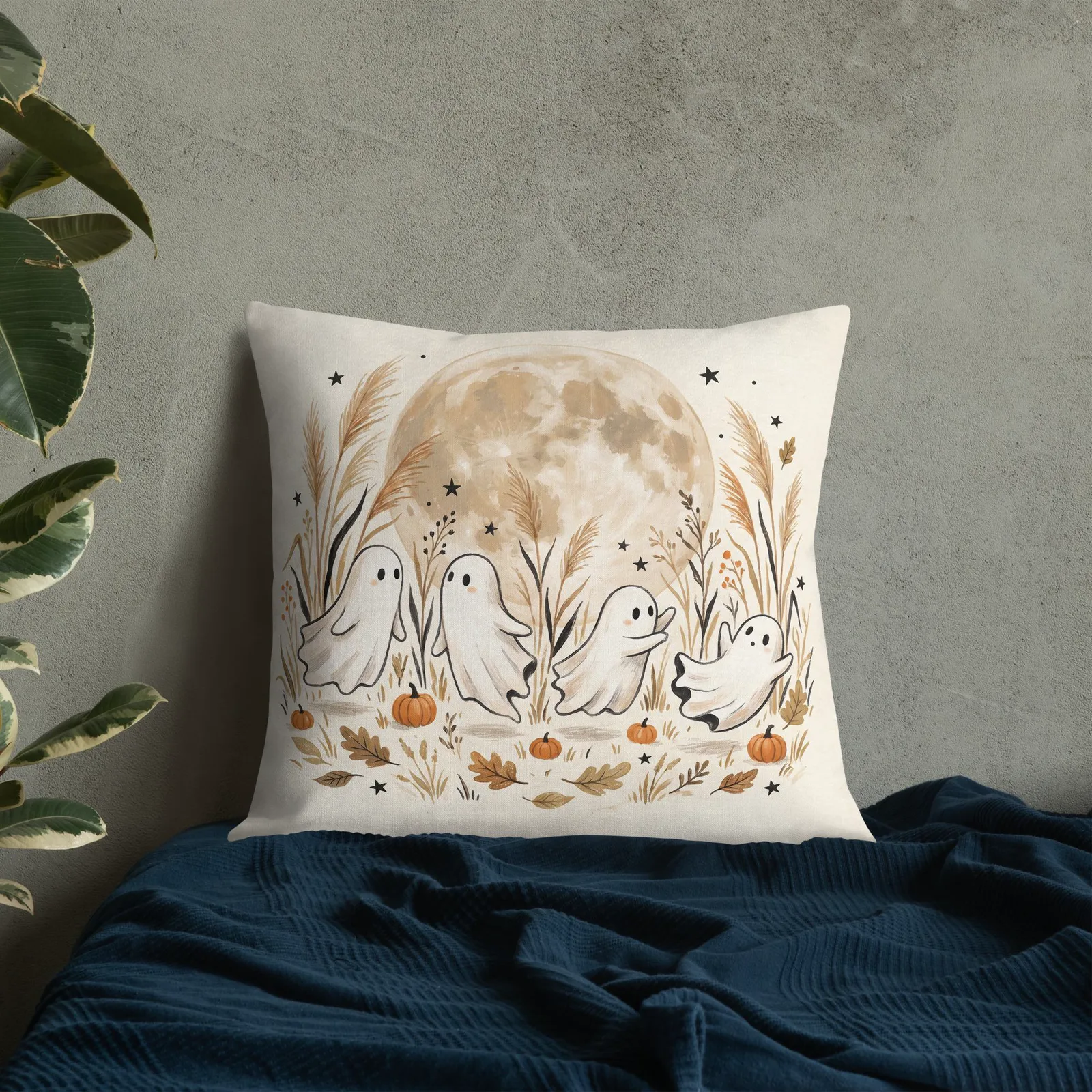 Moonlit Ghost Throw Pillow: Cream Fall Halloween Decor Cushion, photo 9