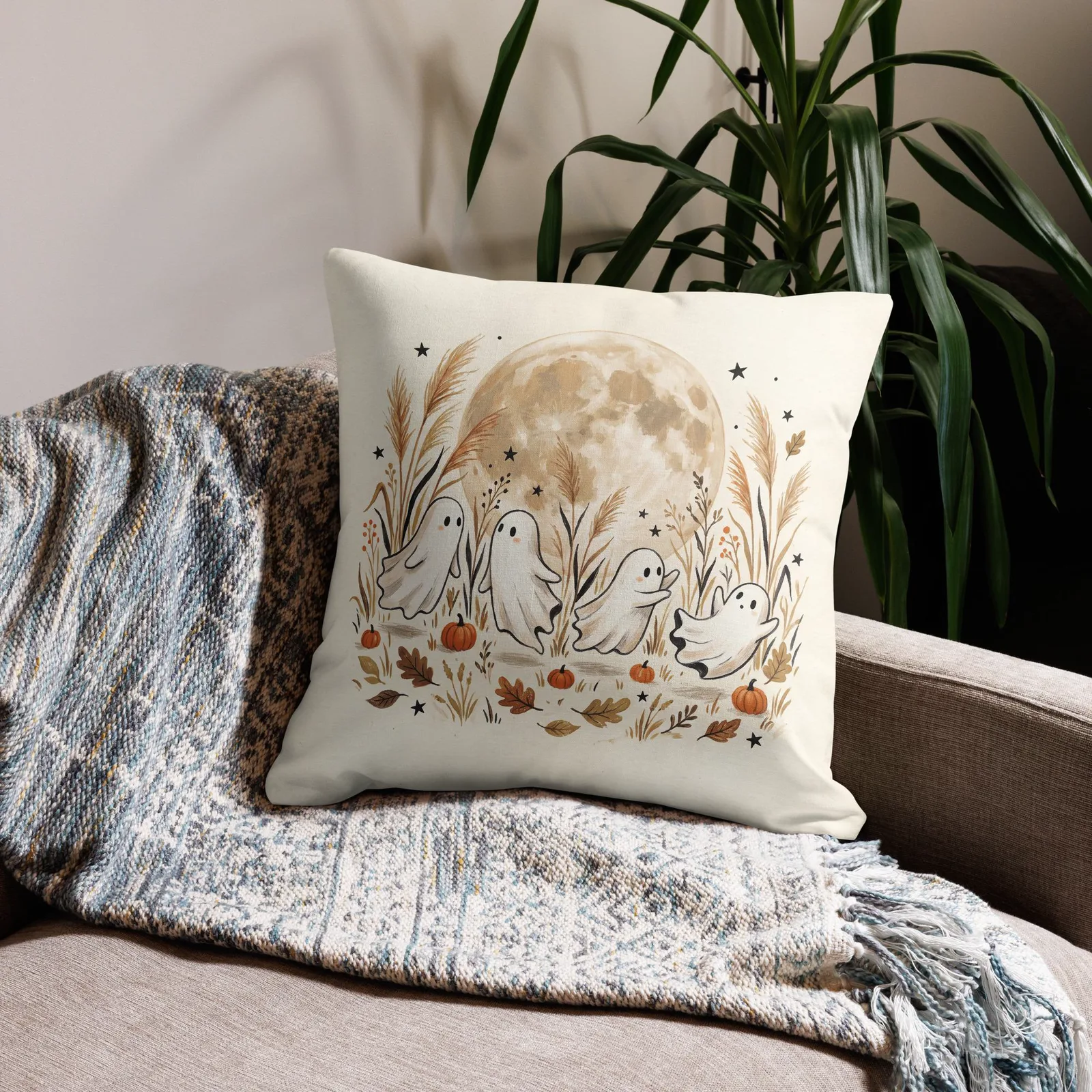 Moonlit Ghost Throw Pillow: Cream Fall Halloween Decor Cushion, photo 10