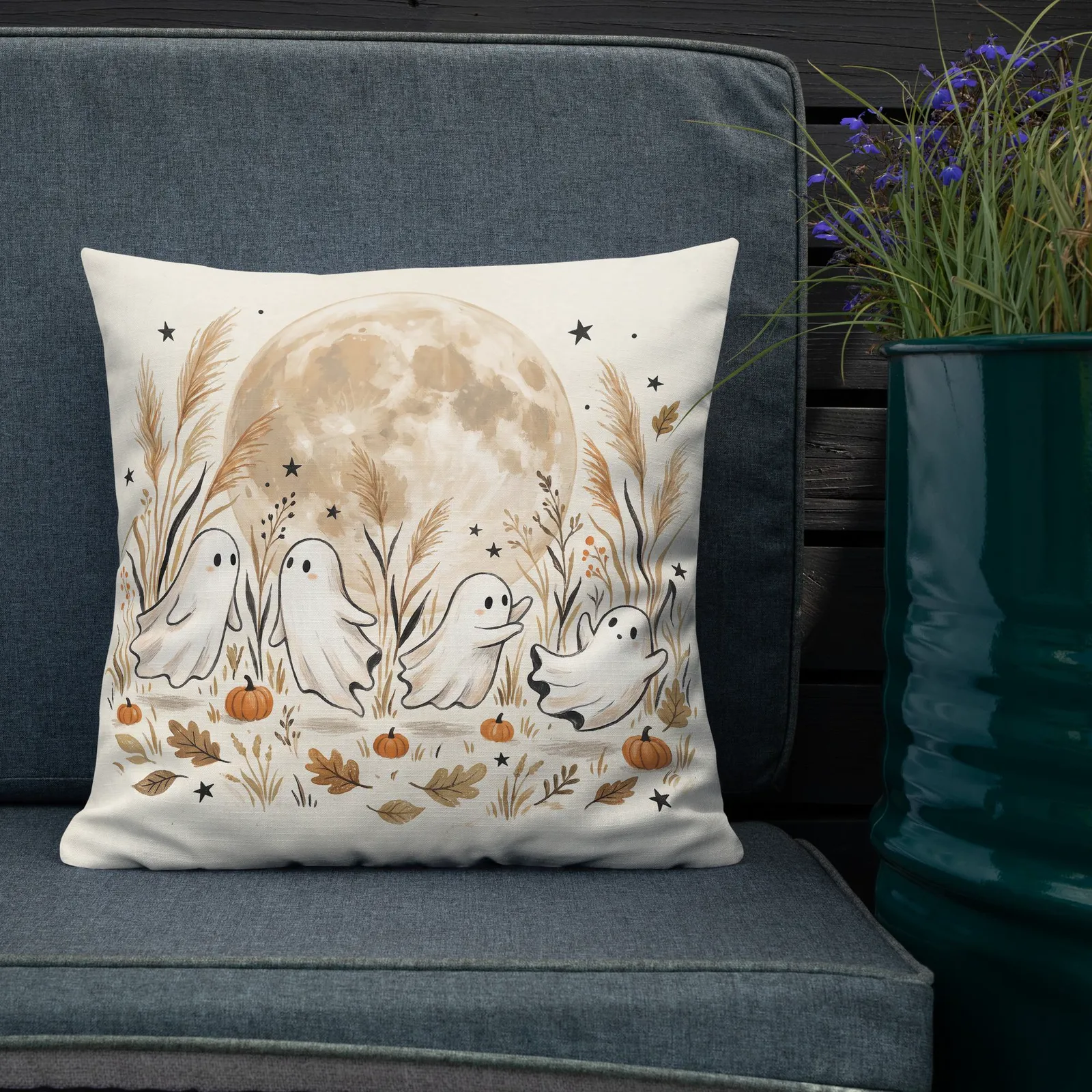 Moonlit Ghost Throw Pillow: Cream Fall Halloween Decor Cushion, photo 2