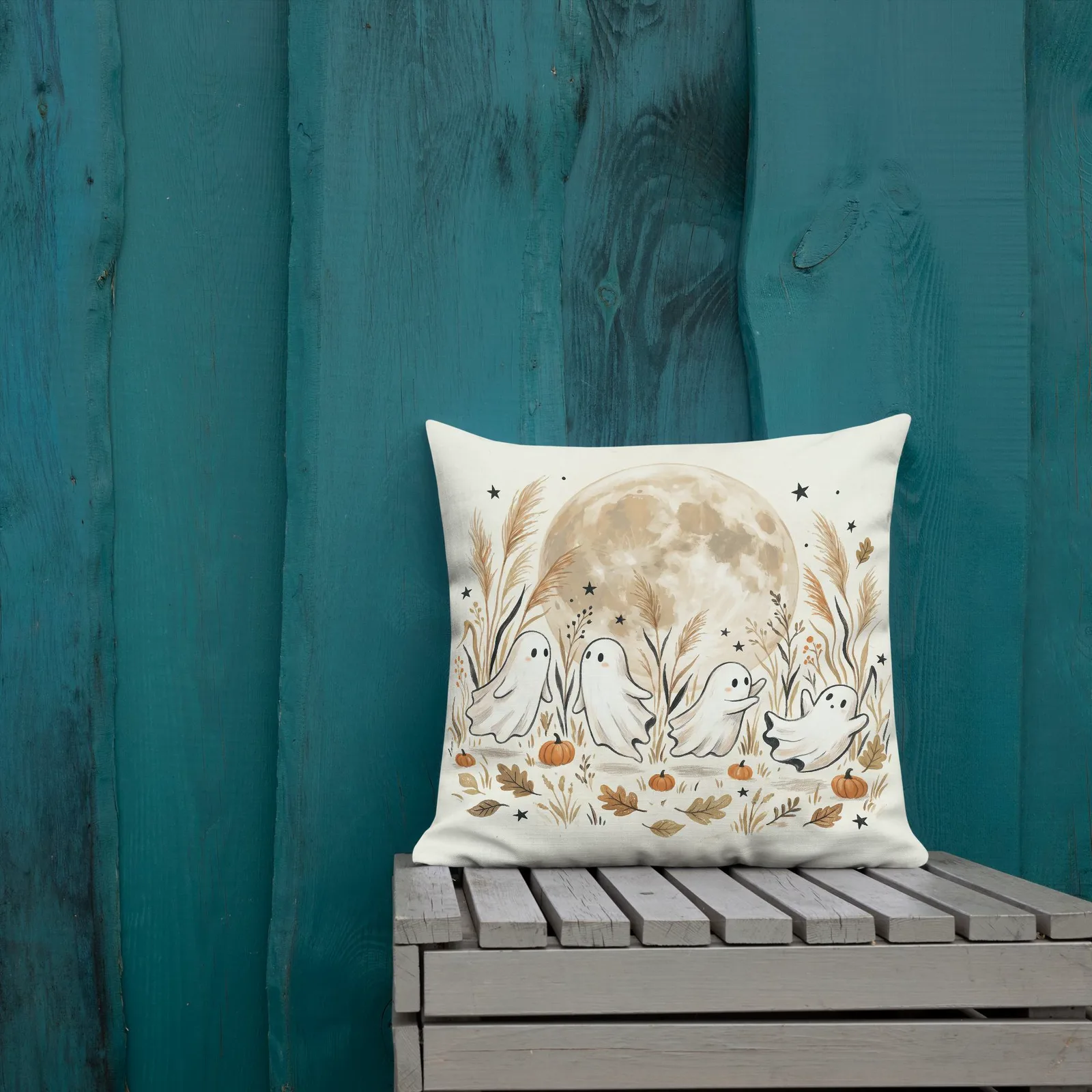 Moonlit Ghost Throw Pillow: Cream Fall Halloween Decor Cushion, photo 4