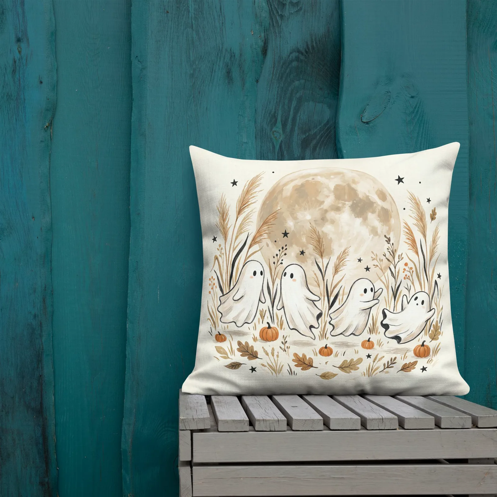 Moonlit Ghost Throw Pillow: Cream Fall Halloween Decor Cushion, photo 5