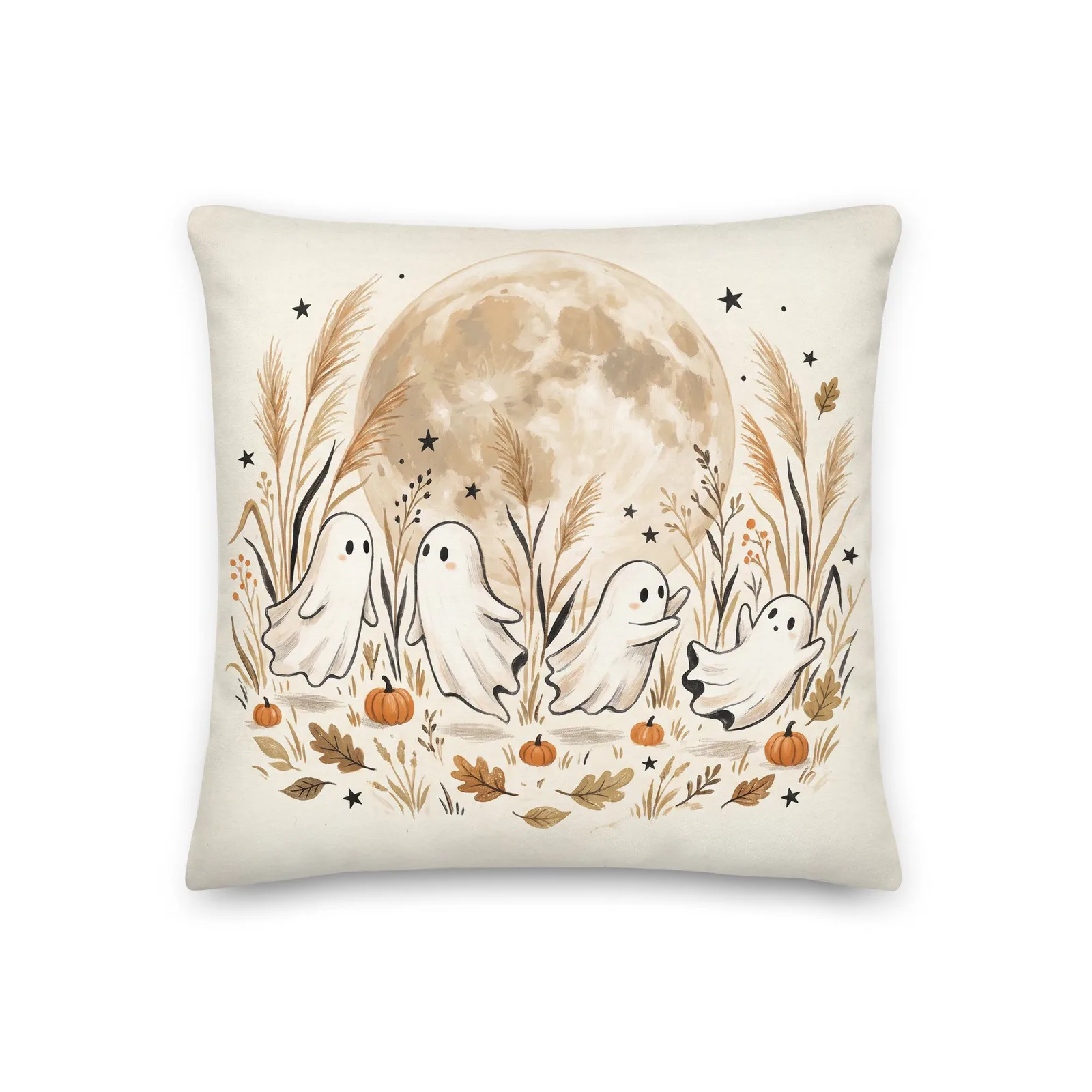 Moonlit Ghost Throw Pillow: Cream Fall Halloween Decor Cushion