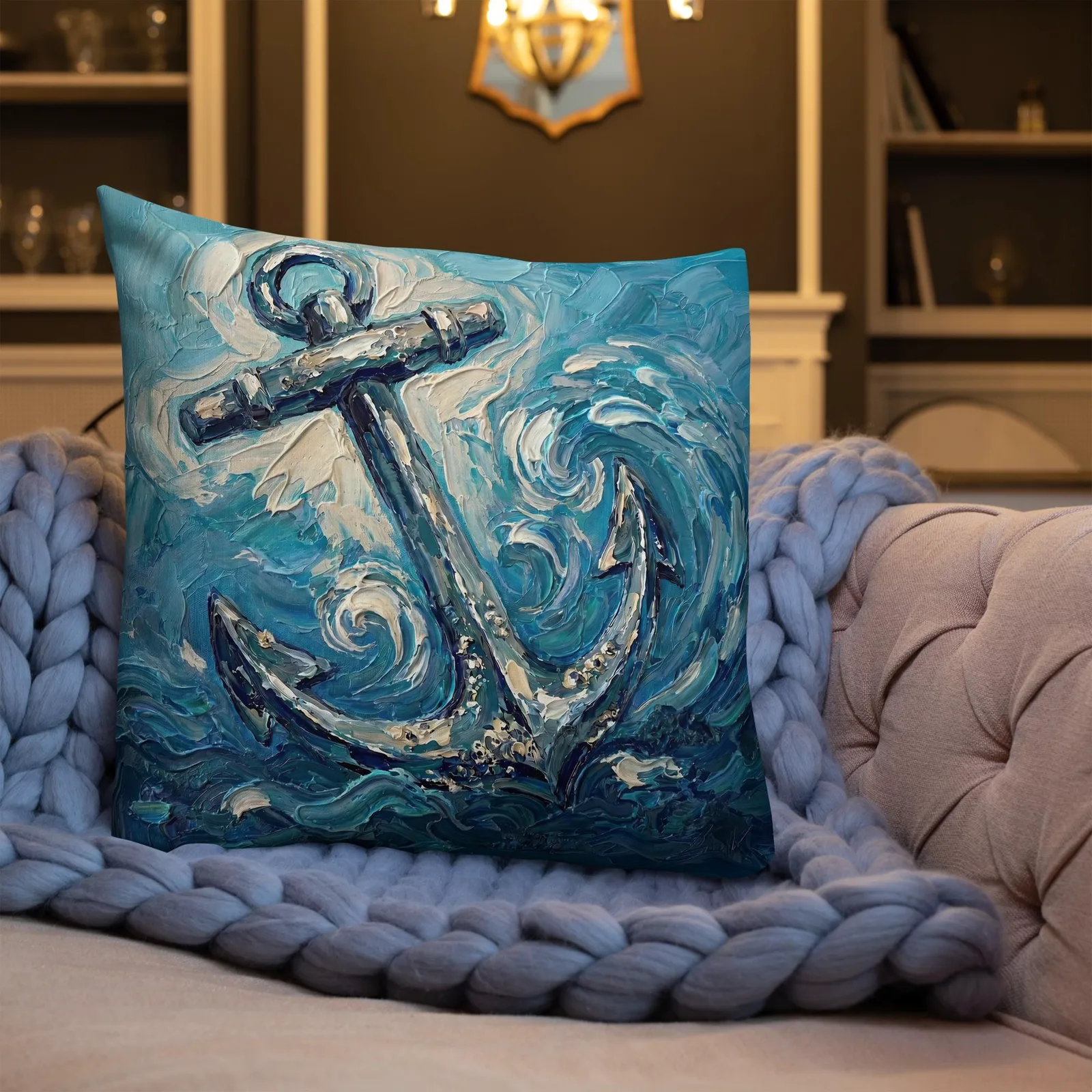 Nautical Anchor Throw Pillow: Impasto Coastal Art Cushion, photo 5