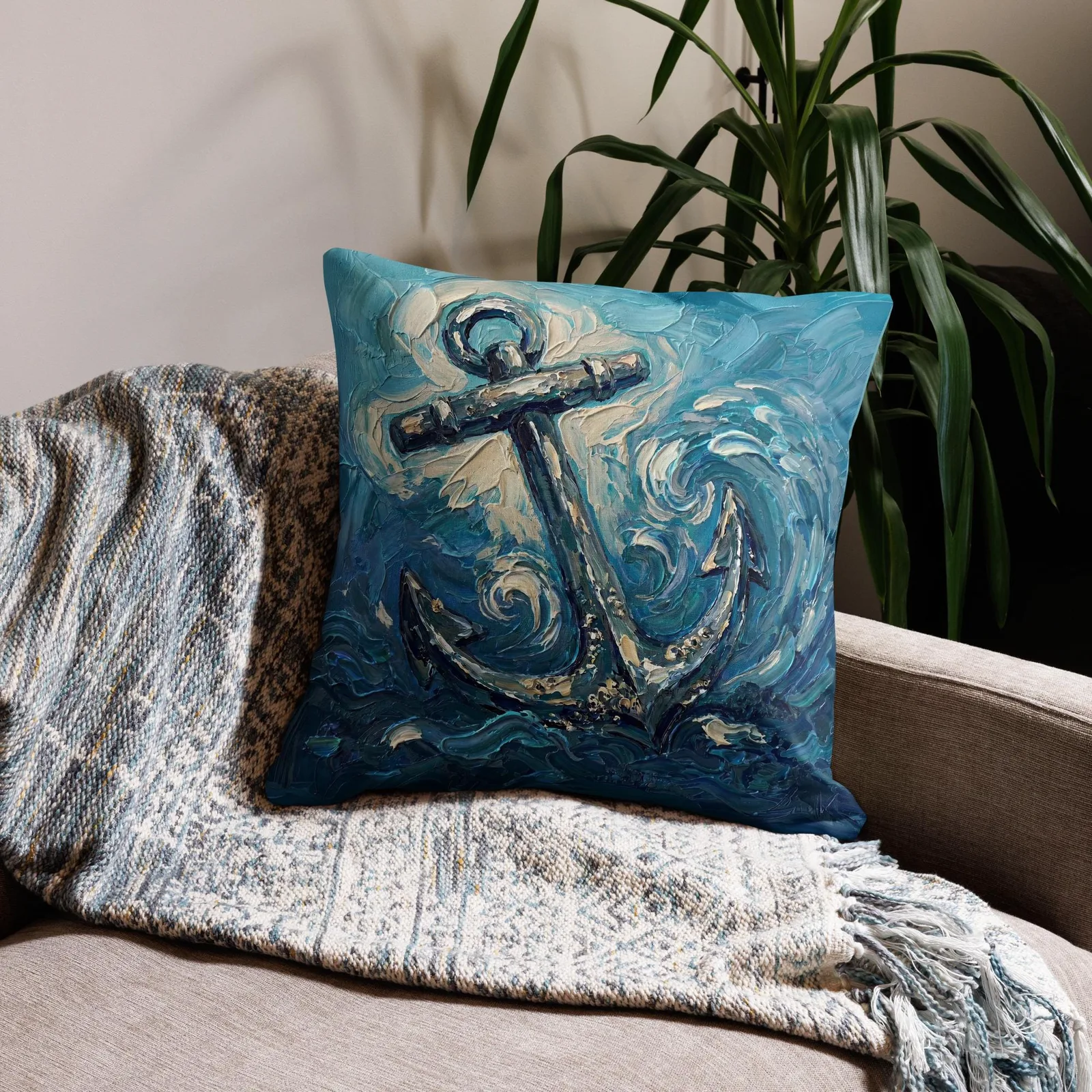 Nautical Anchor Throw Pillow: Impasto Coastal Art Cushion, photo 9