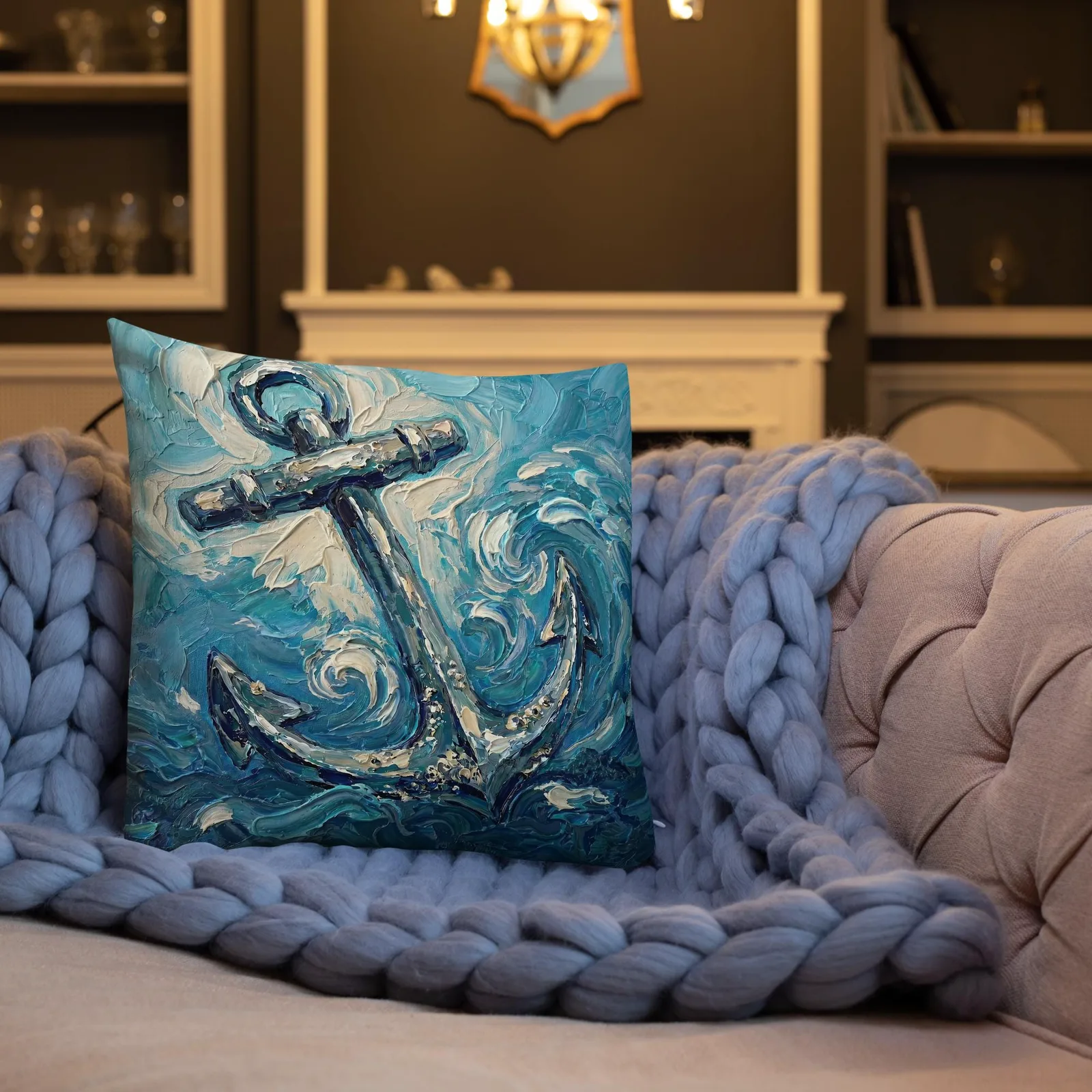 Nautical Anchor Throw Pillow: Impasto Coastal Art Cushion, photo 4