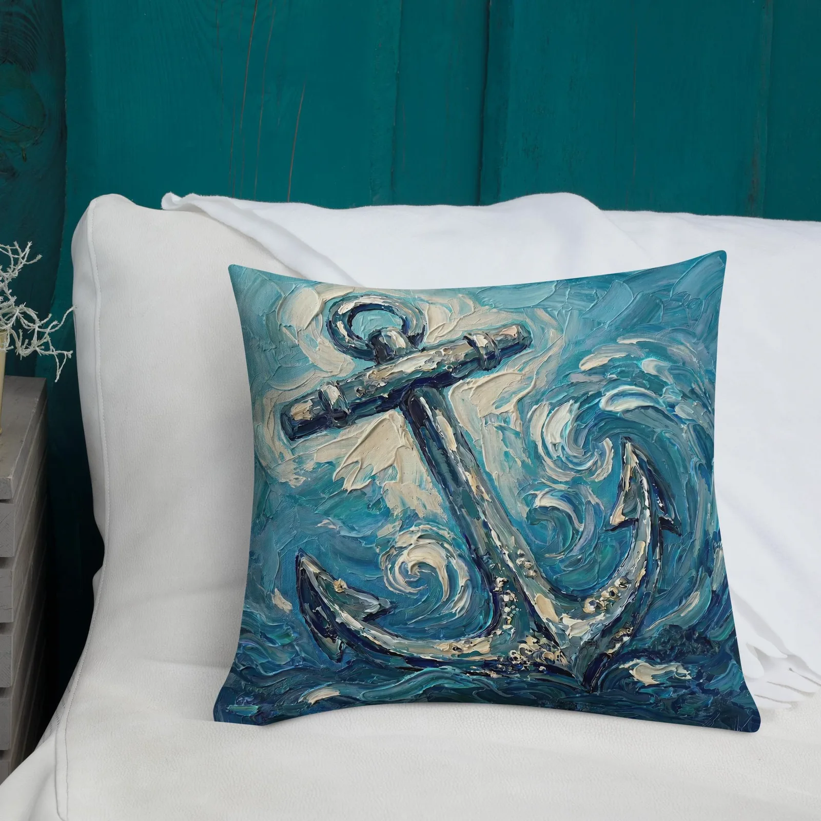 Nautical Anchor Throw Pillow: Impasto Coastal Art Cushion, photo 2