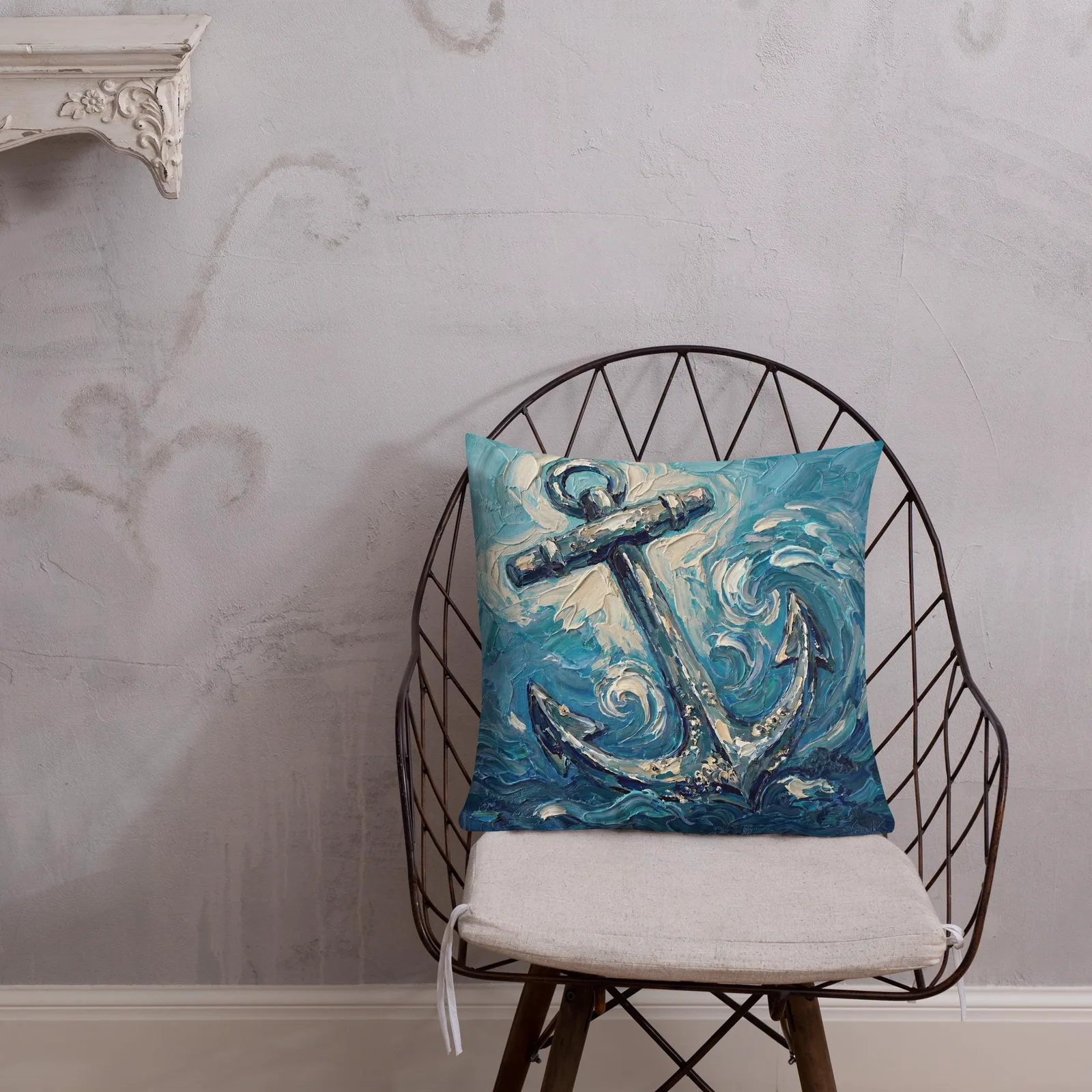Nautical Anchor Throw Pillow: Impasto Coastal Art Cushion, photo 6