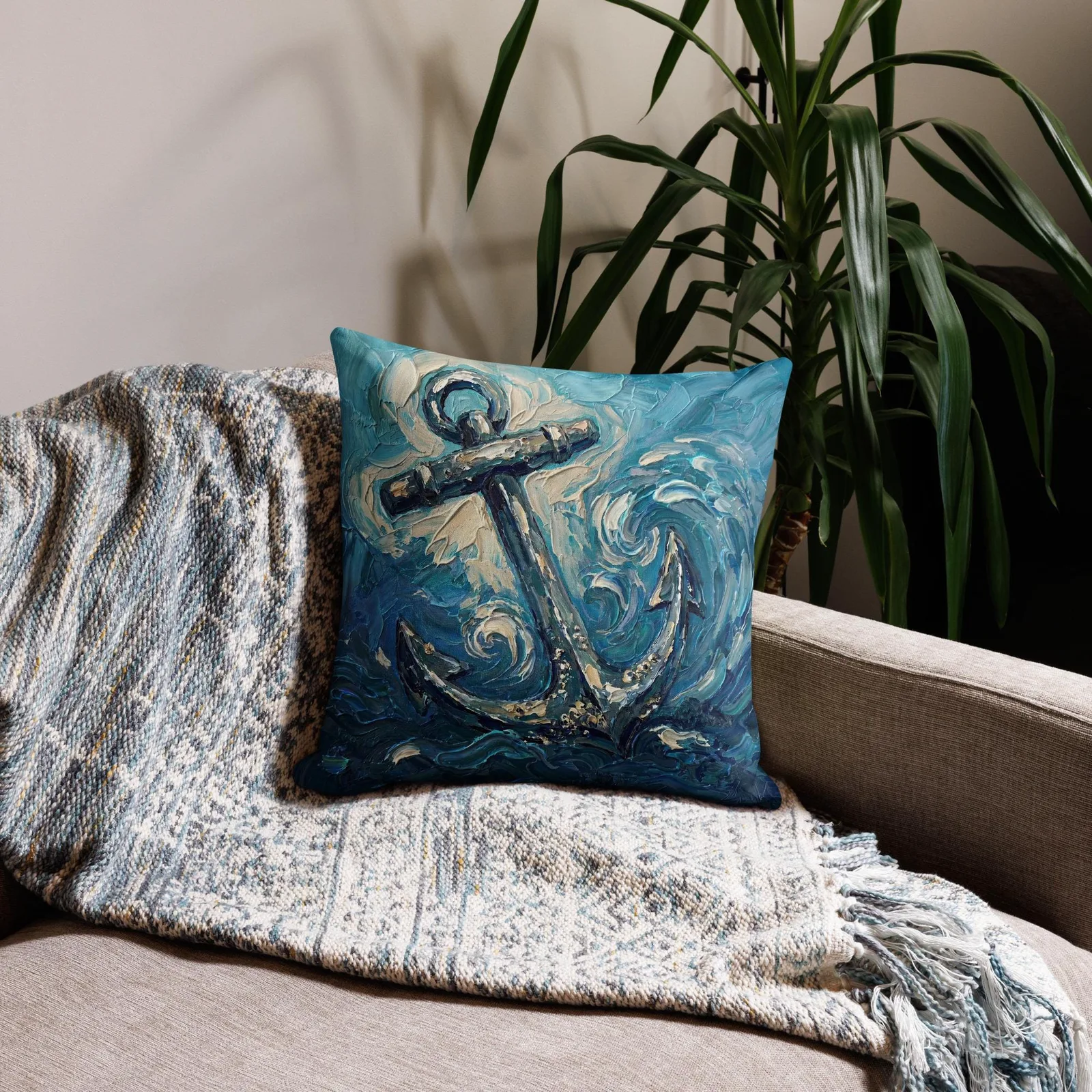 Nautical Anchor Throw Pillow: Impasto Coastal Art Cushion, photo 8