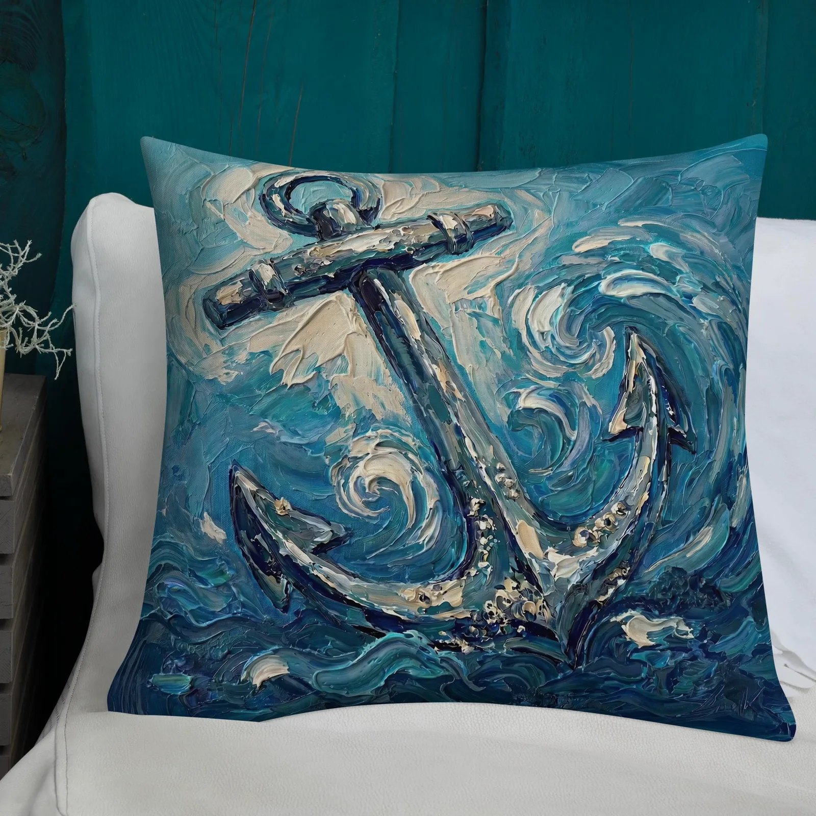 Nautical Anchor Throw Pillow: Impasto Coastal Art Cushion, photo 3