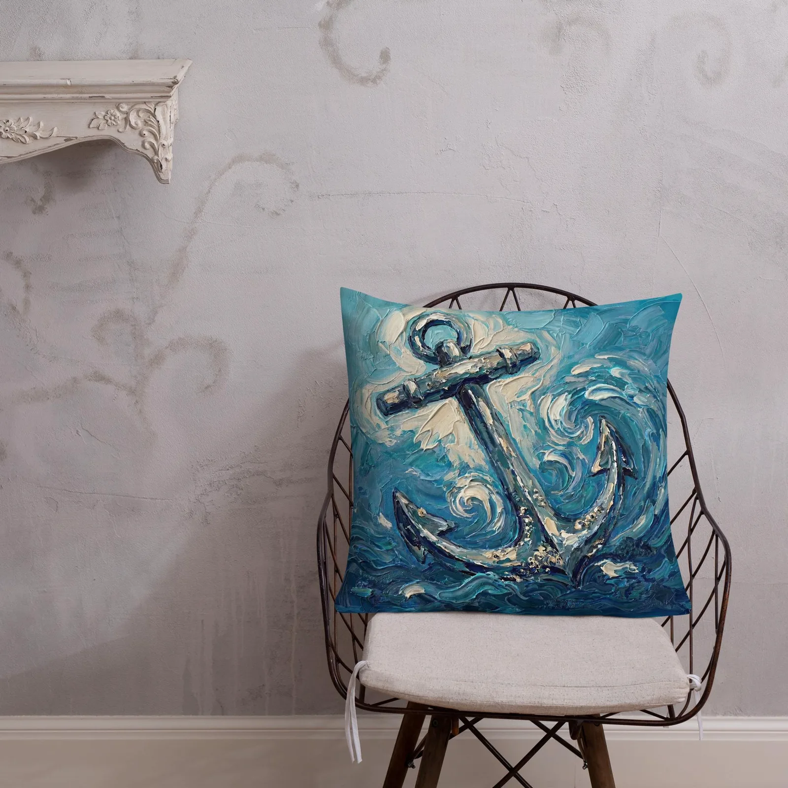 Nautical Anchor Throw Pillow: Impasto Coastal Art Cushion, photo 7