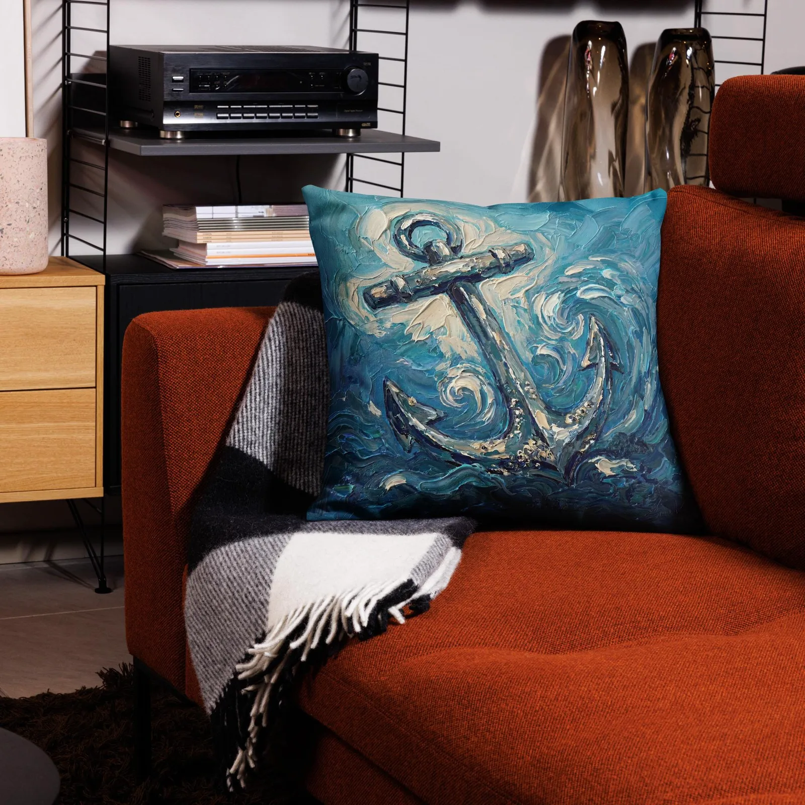 Nautical Anchor Throw Pillow: Impasto Coastal Art Cushion, photo 10