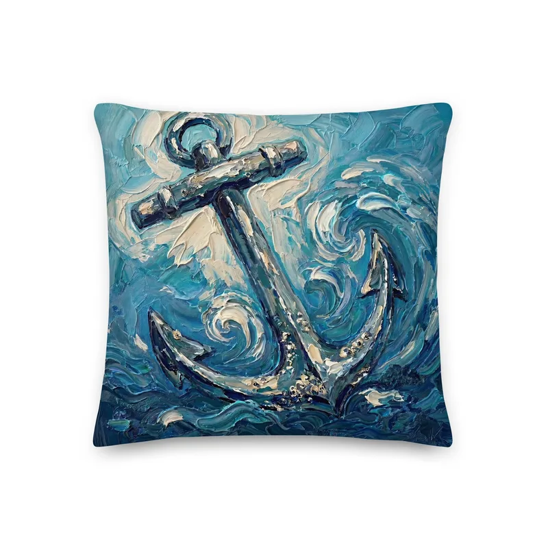 Nautical Anchor Throw Pillow: Impasto Coastal Art Cushion