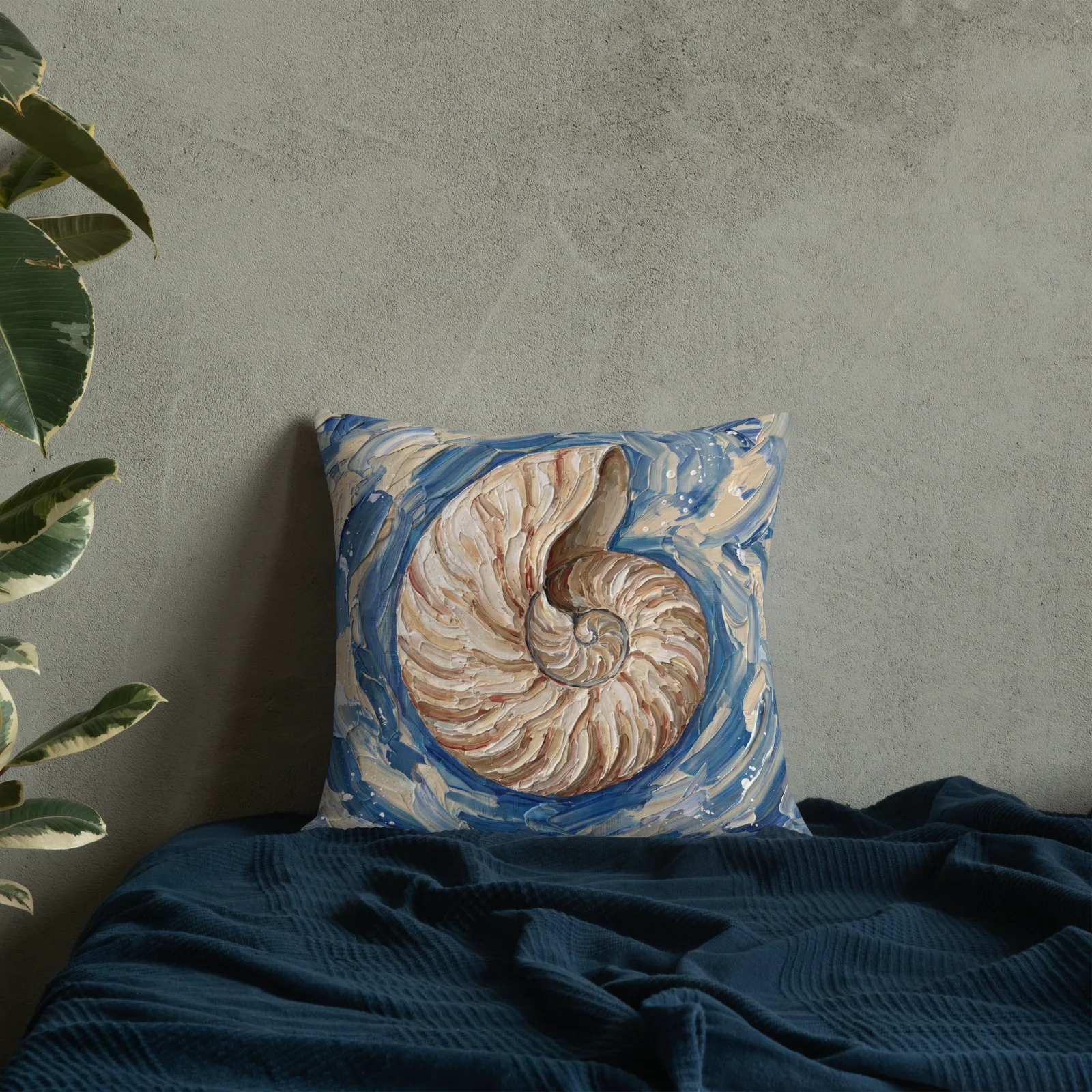 Nautilus Shell Throw Pillow: Impasto Art Cushion, indoors lifestyle front 8 view