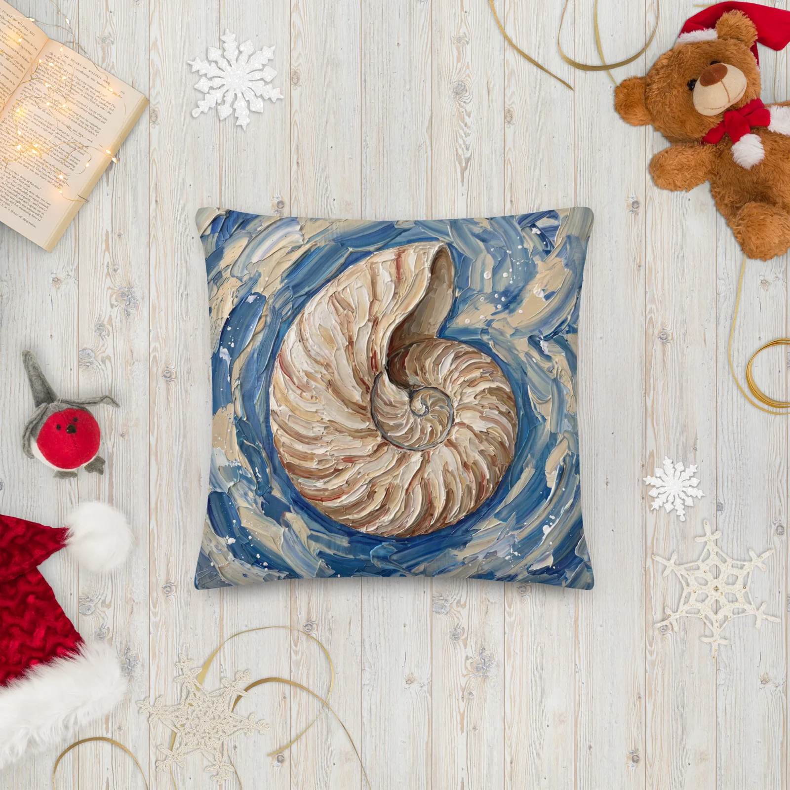 Nautilus Shell Throw Pillow: Impasto Art Cushion, holiday season front view