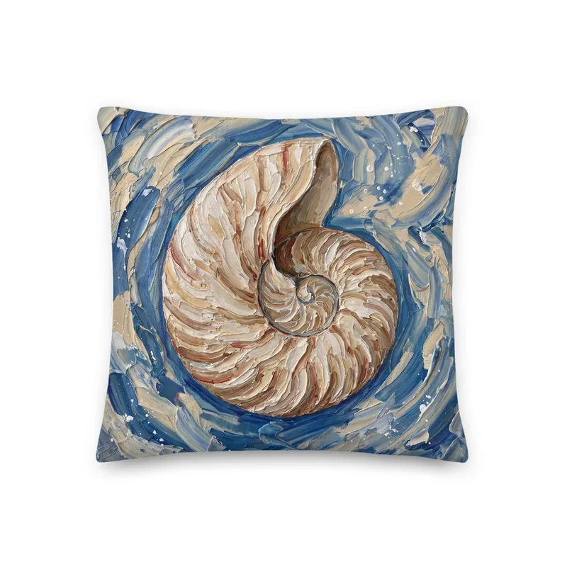 Nautilus Shell Throw Pillow: Impasto Art Cushion, product mockup