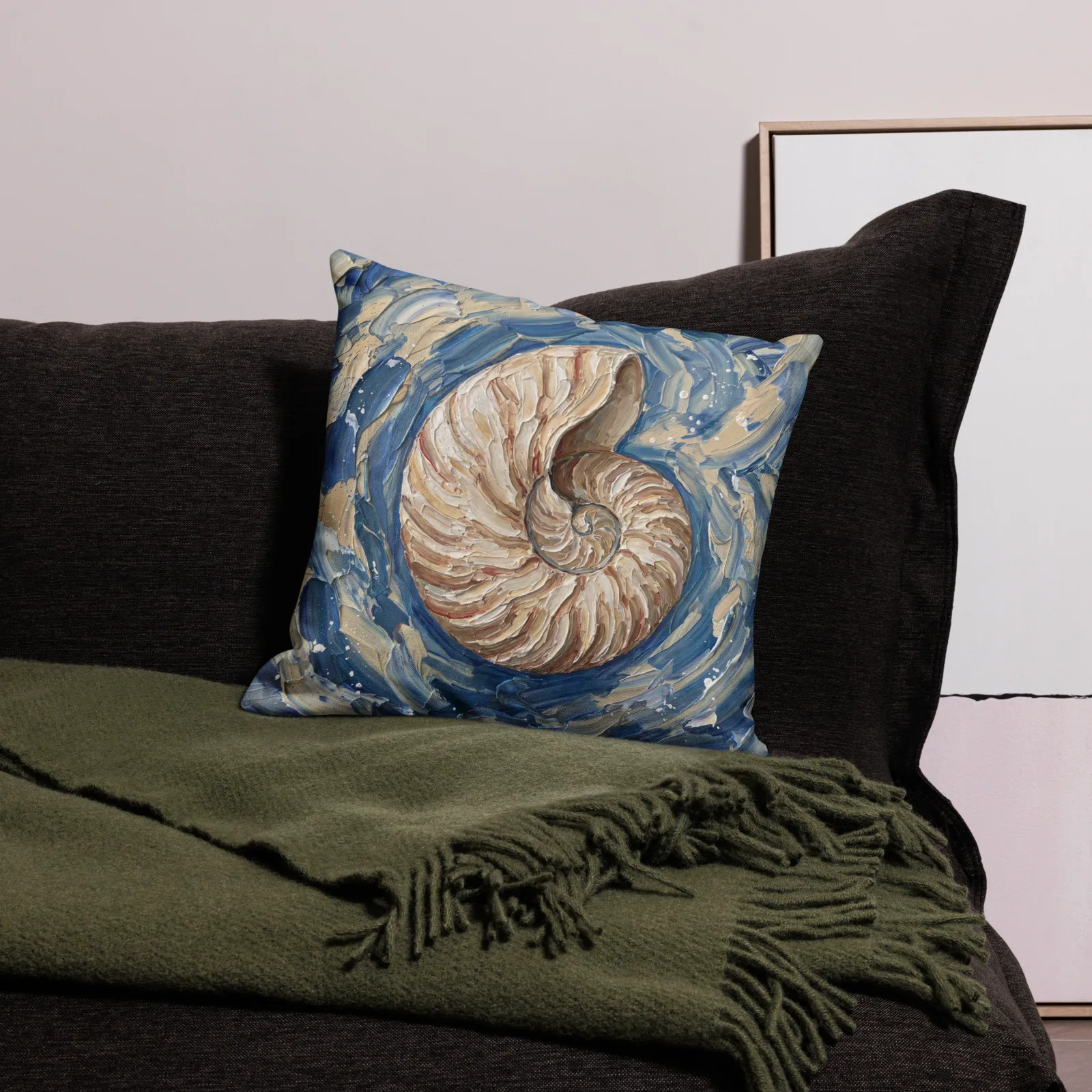 Nautilus Shell Throw Pillow: Impasto Art Cushion, lifestyle front view