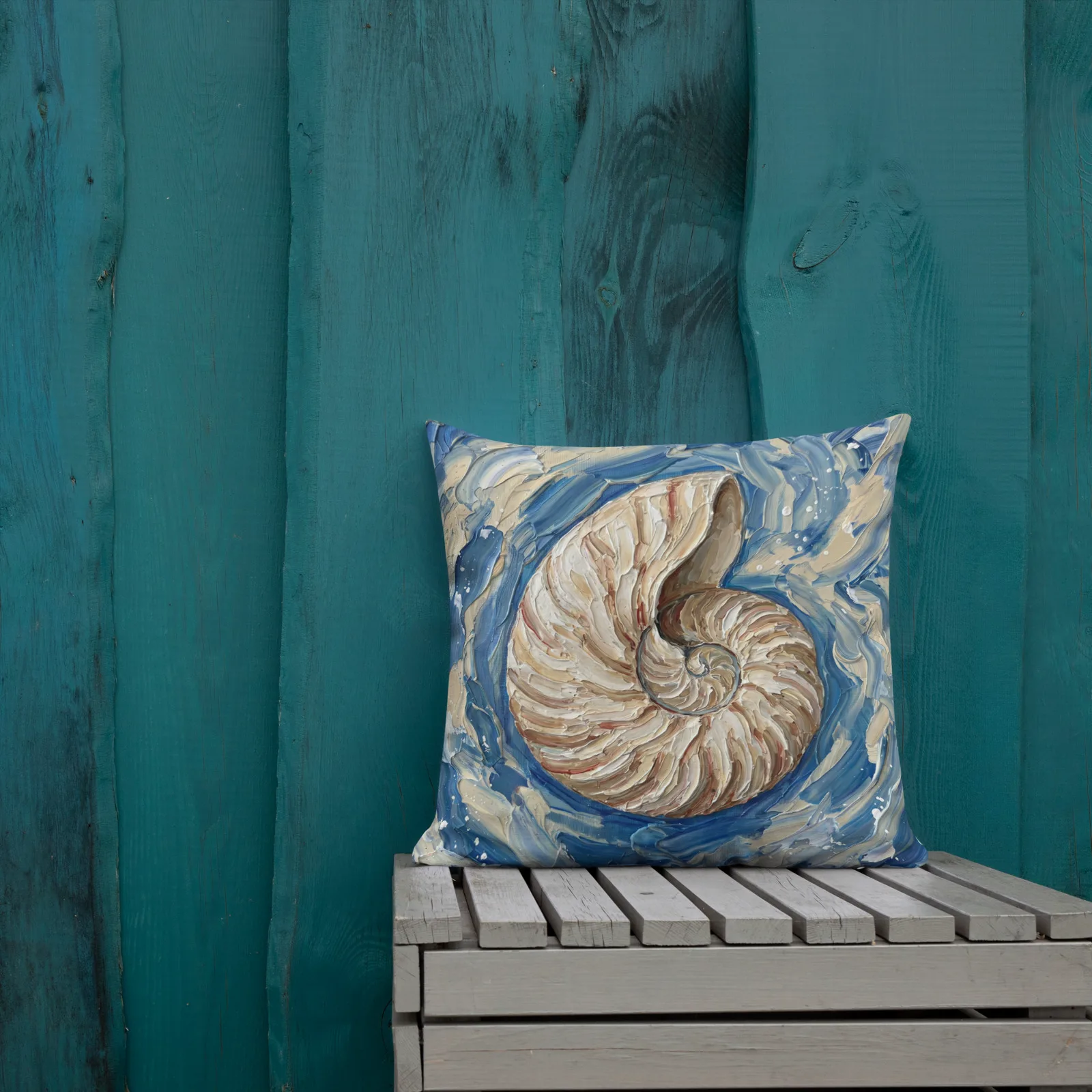 Nautilus Shell Throw Pillow: Impasto Art Cushion, outdoors lifestyle front 1 view