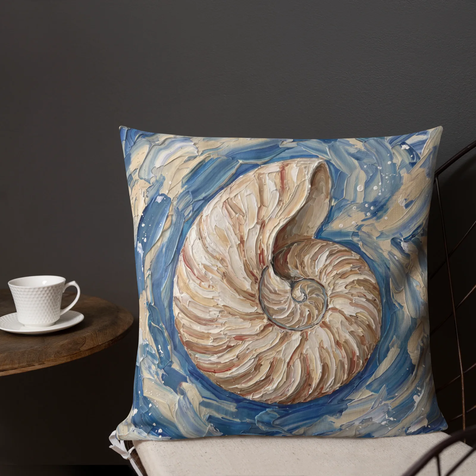 Nautilus Shell Throw Pillow: Impasto Art Cushion, outdoors lifestyle front 3 view
