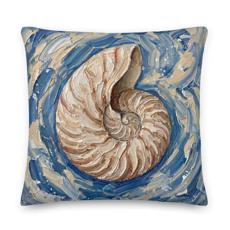 Nautilus Shell Throw Pillow: Impasto Art Cushion, product mockup