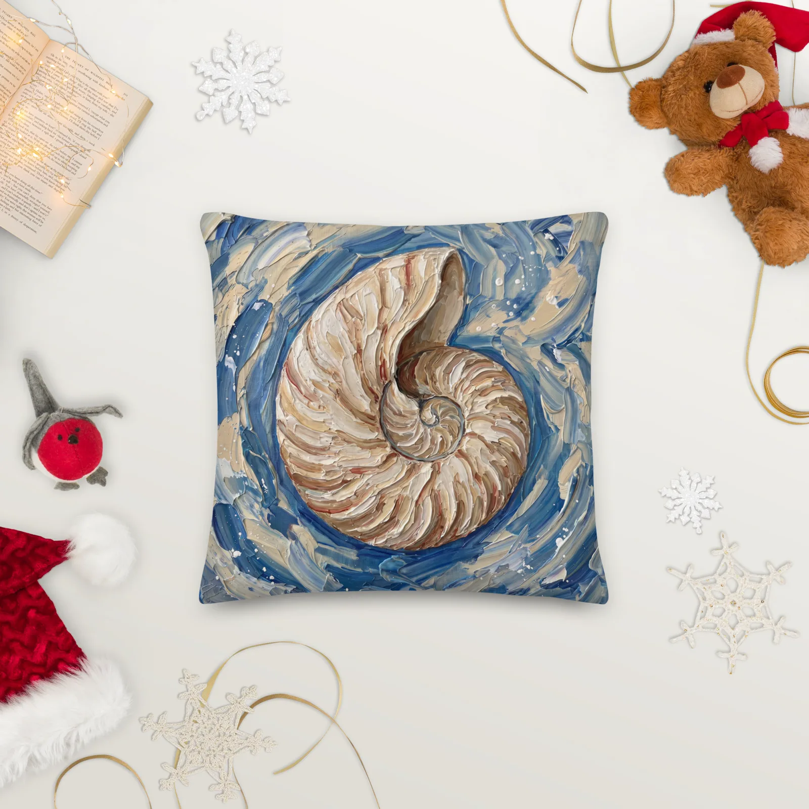 Nautilus Shell Throw Pillow: Impasto Art Cushion, holiday season front 2 view