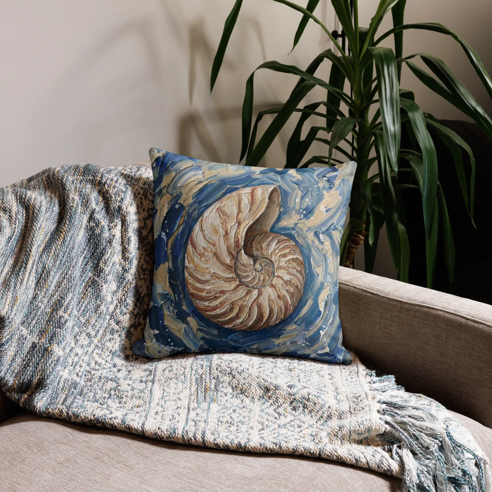 Nautilus Shell Throw Pillow: Impasto Art Cushion, lifestyle 2 front view