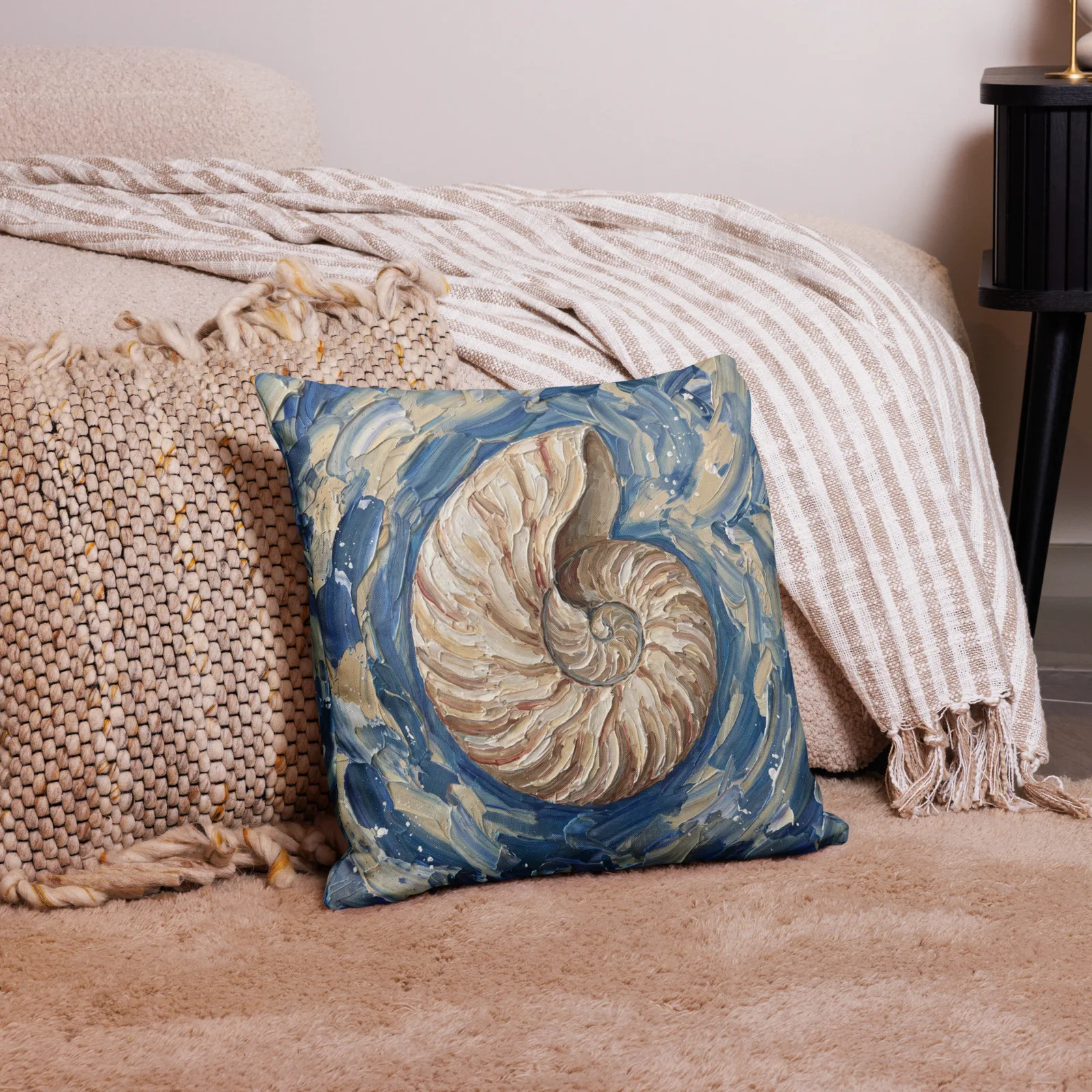 Nautilus Shell Throw Pillow: Impasto Art Cushion, lifestyle 4 front view
