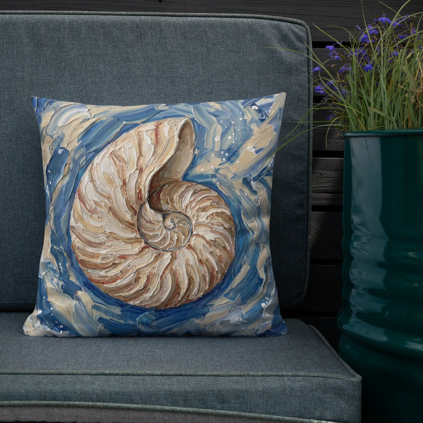 Nautilus Shell Throw Pillow: Impasto Art Cushion, outdoors lifestyle front 2 view