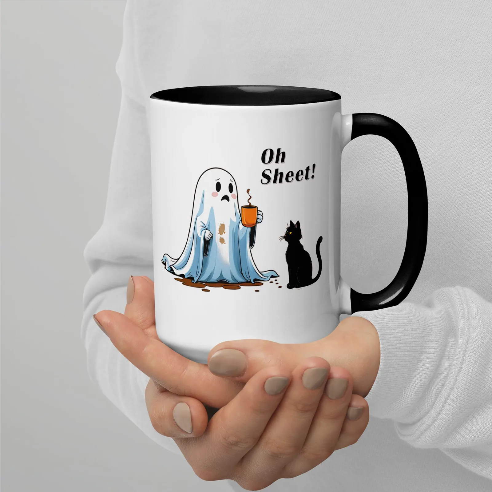Oh Sheet! Ghost & Cat Coffee Mug: Funny Halloween Kitchen Decor, photo 4