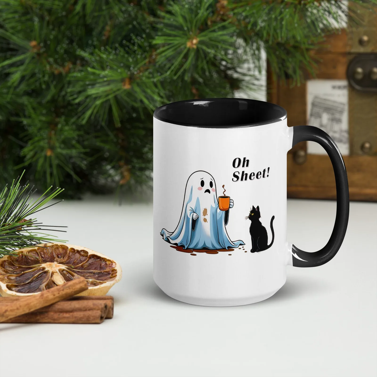 Oh Sheet! Ghost & Cat Coffee Mug: Funny Halloween Kitchen Decor, photo 6