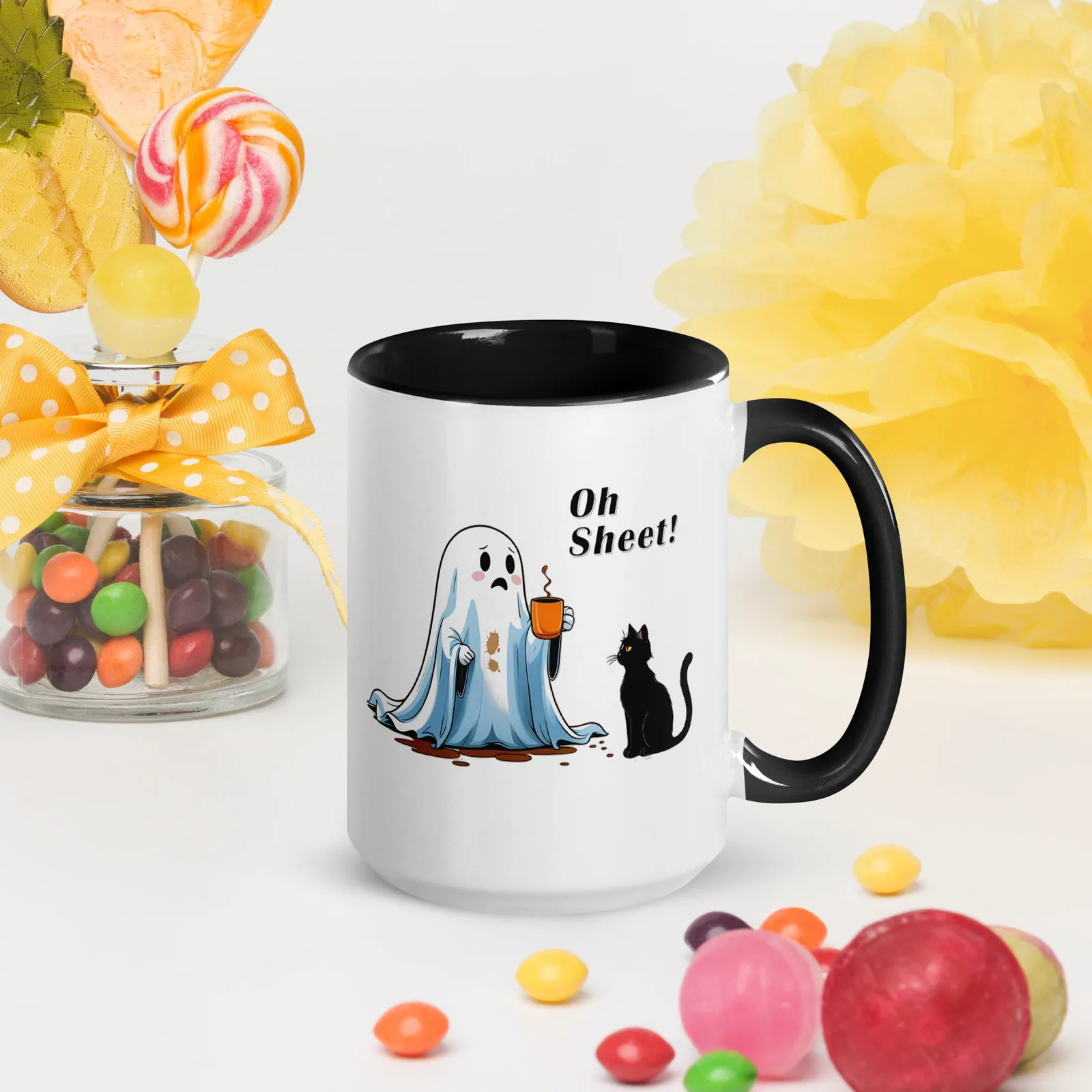 Oh Sheet! Ghost & Cat Coffee Mug: Funny Halloween Kitchen Decor, photo 8