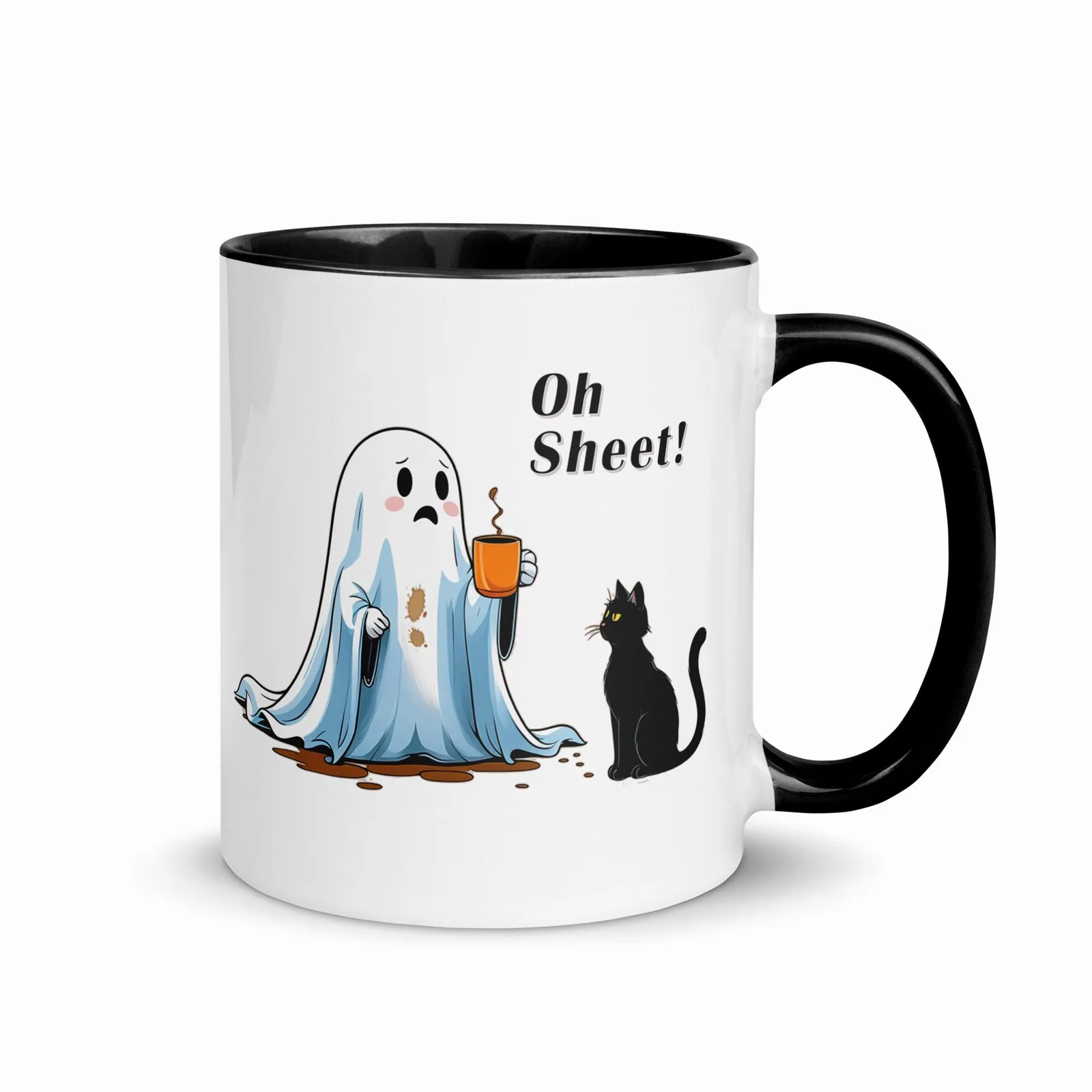 Oh Sheet! Ghost & Cat Coffee Mug: Funny Halloween Kitchen Decor, photo 2