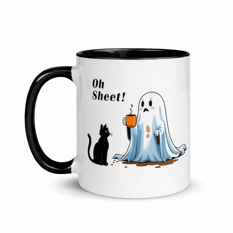 Oh Sheet! Ghost & Cat Coffee Mug: Funny Halloween Kitchen Decor