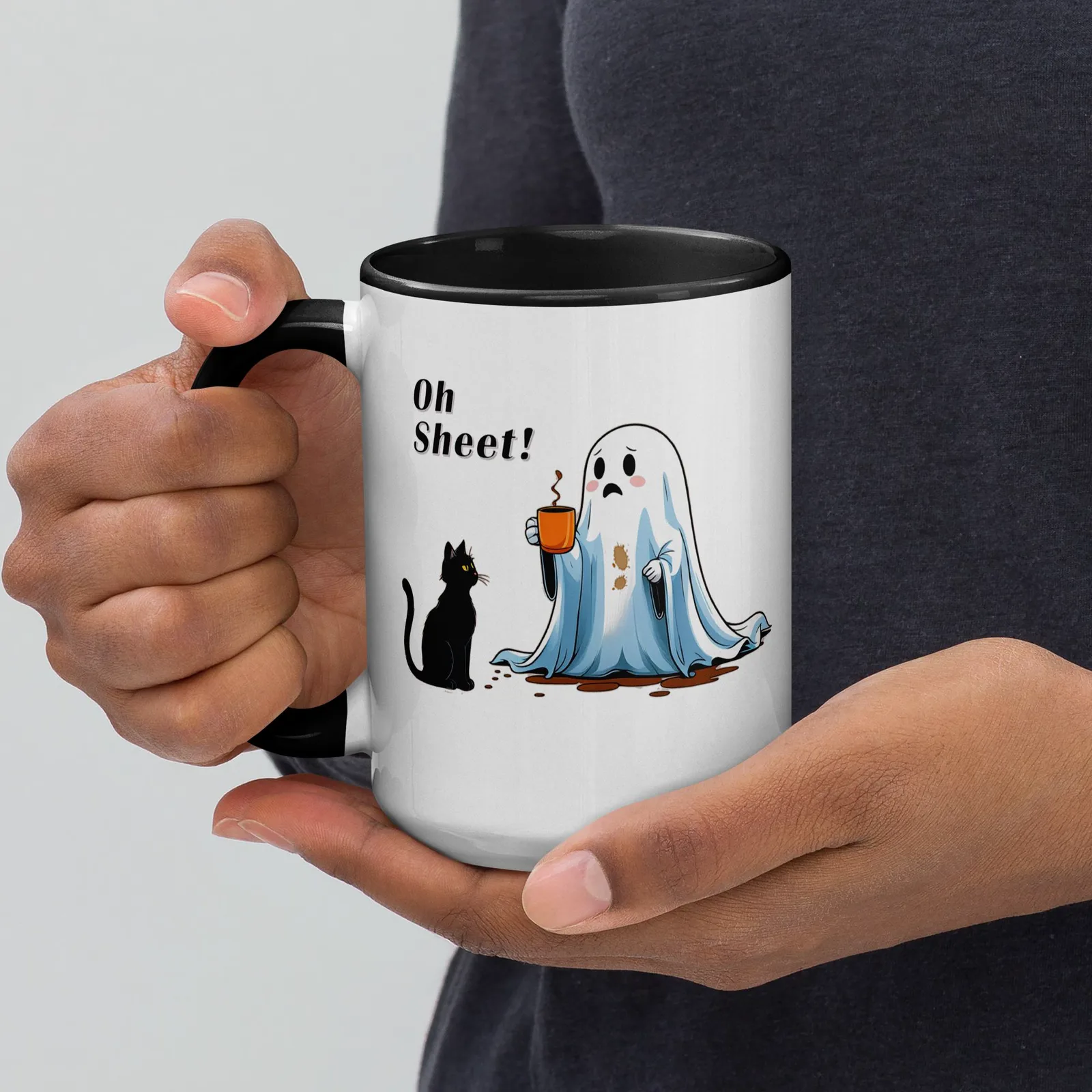 Oh Sheet! Ghost & Cat Coffee Mug: Funny Halloween Kitchen Decor, photo 3
