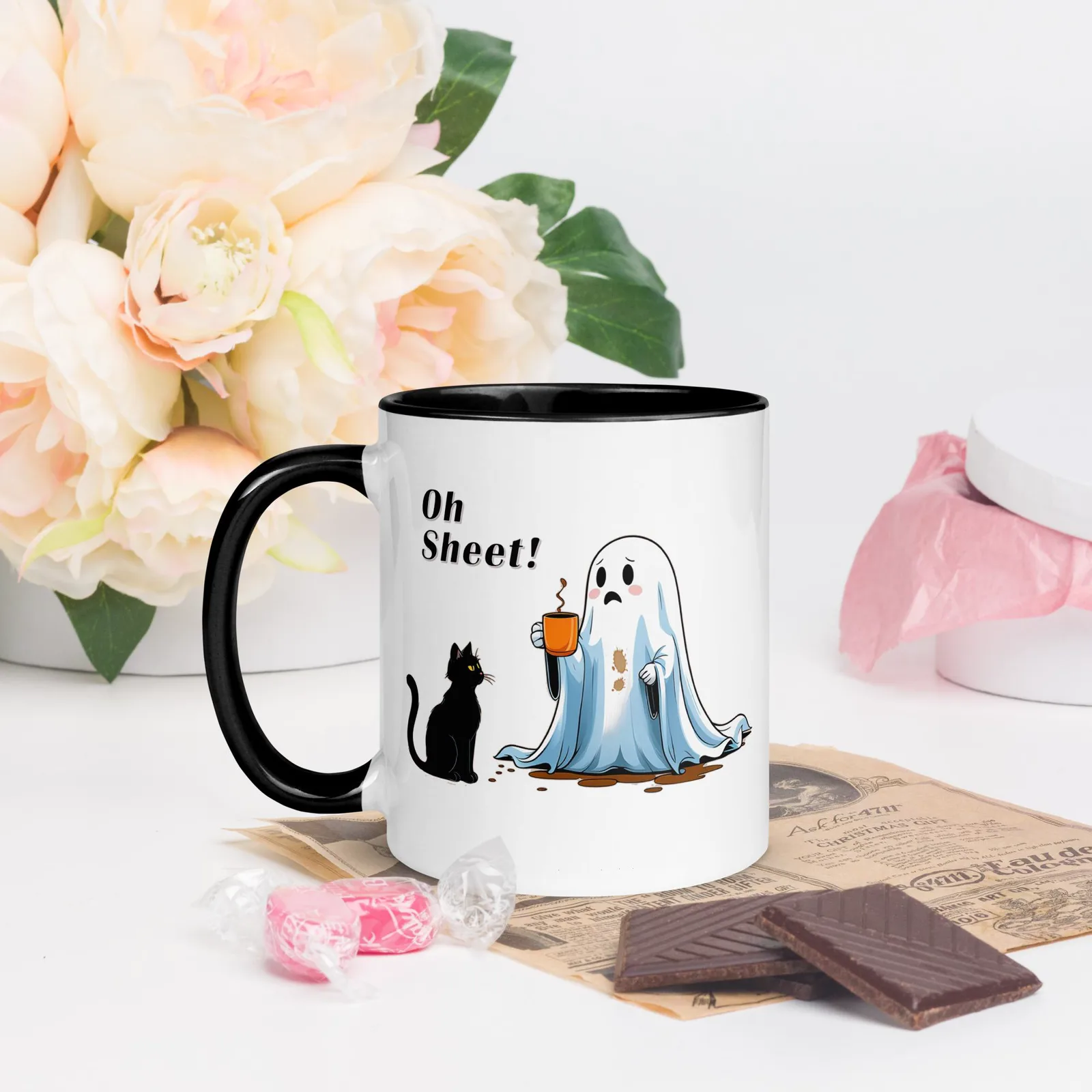 Oh Sheet! Ghost & Cat Coffee Mug: Funny Halloween Kitchen Decor, photo 7