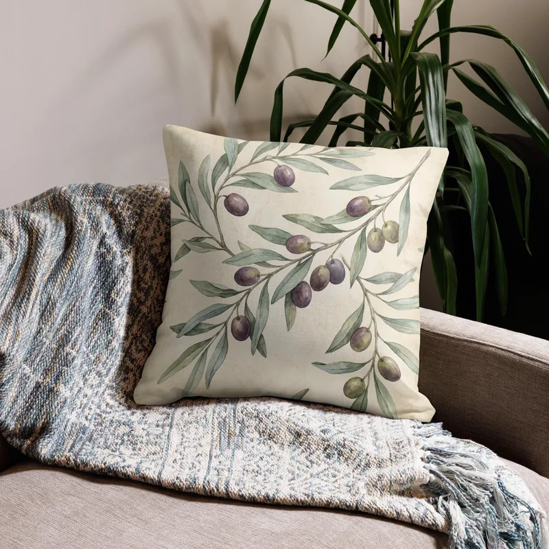 Olive Branch Throw Pillow: Mediterranean Kitchen Cushion
