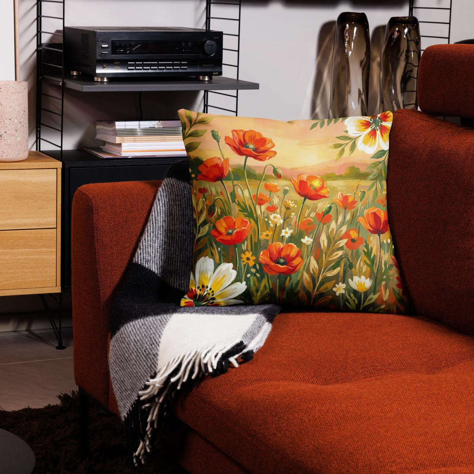 Orange Poppy Throw Pillow: Coral Summer Floral Decor Cushion, photo 7