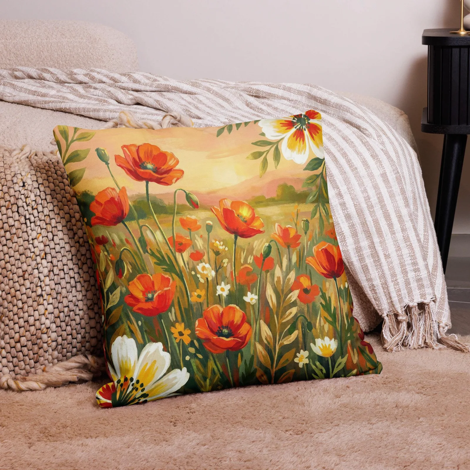 Orange Poppy Throw Pillow: Coral Summer Floral Decor Cushion, photo 10