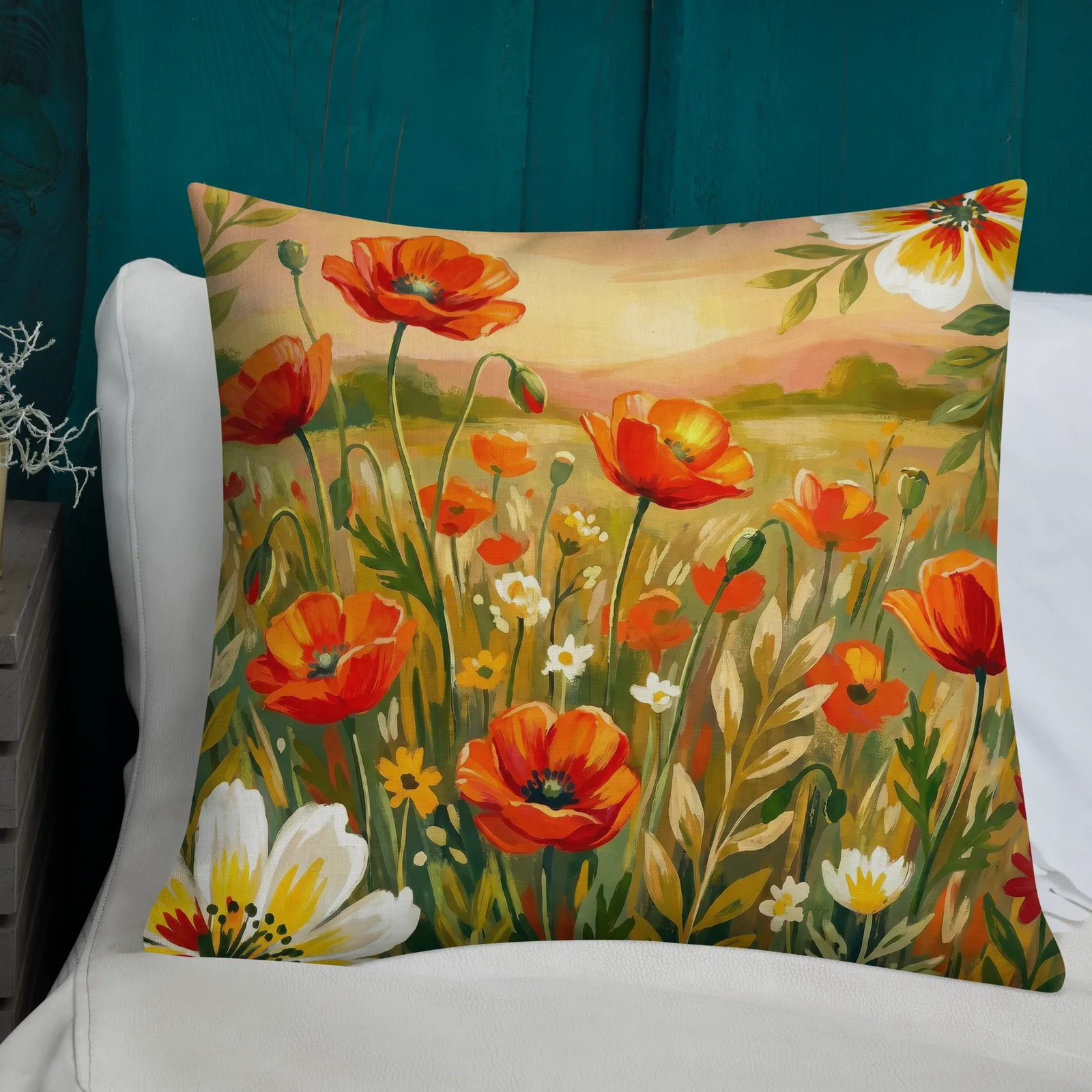 Orange Poppy Throw Pillow: Coral Summer Floral Decor Cushion, photo 3