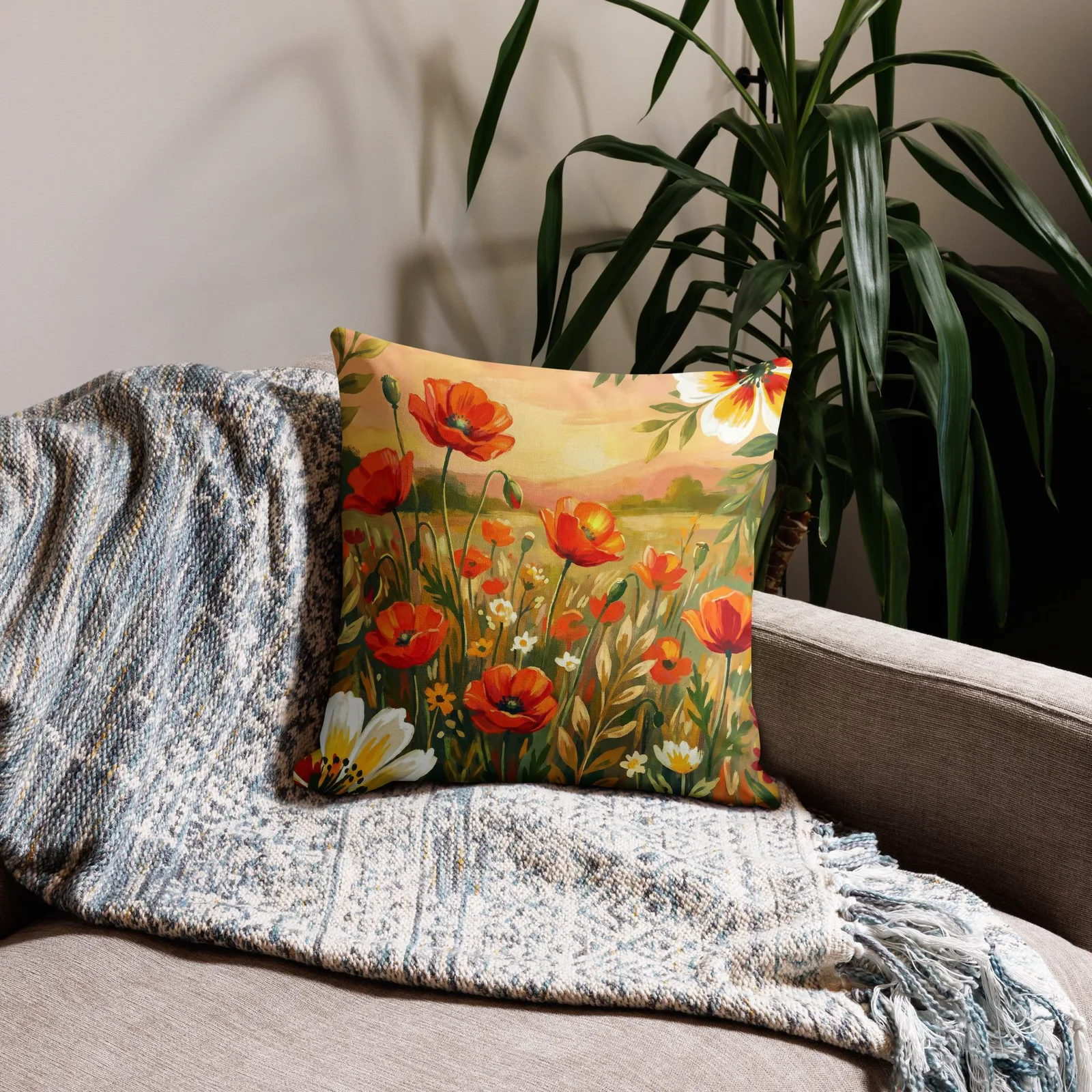 Orange Poppy Throw Pillow: Coral Summer Floral Decor Cushion, photo 4