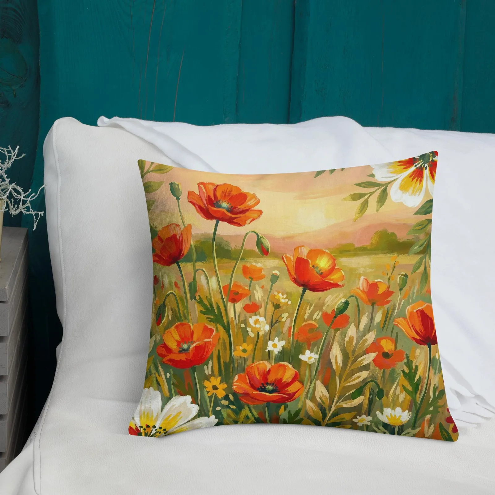 Orange Poppy Throw Pillow: Coral Summer Floral Decor Cushion, photo 2