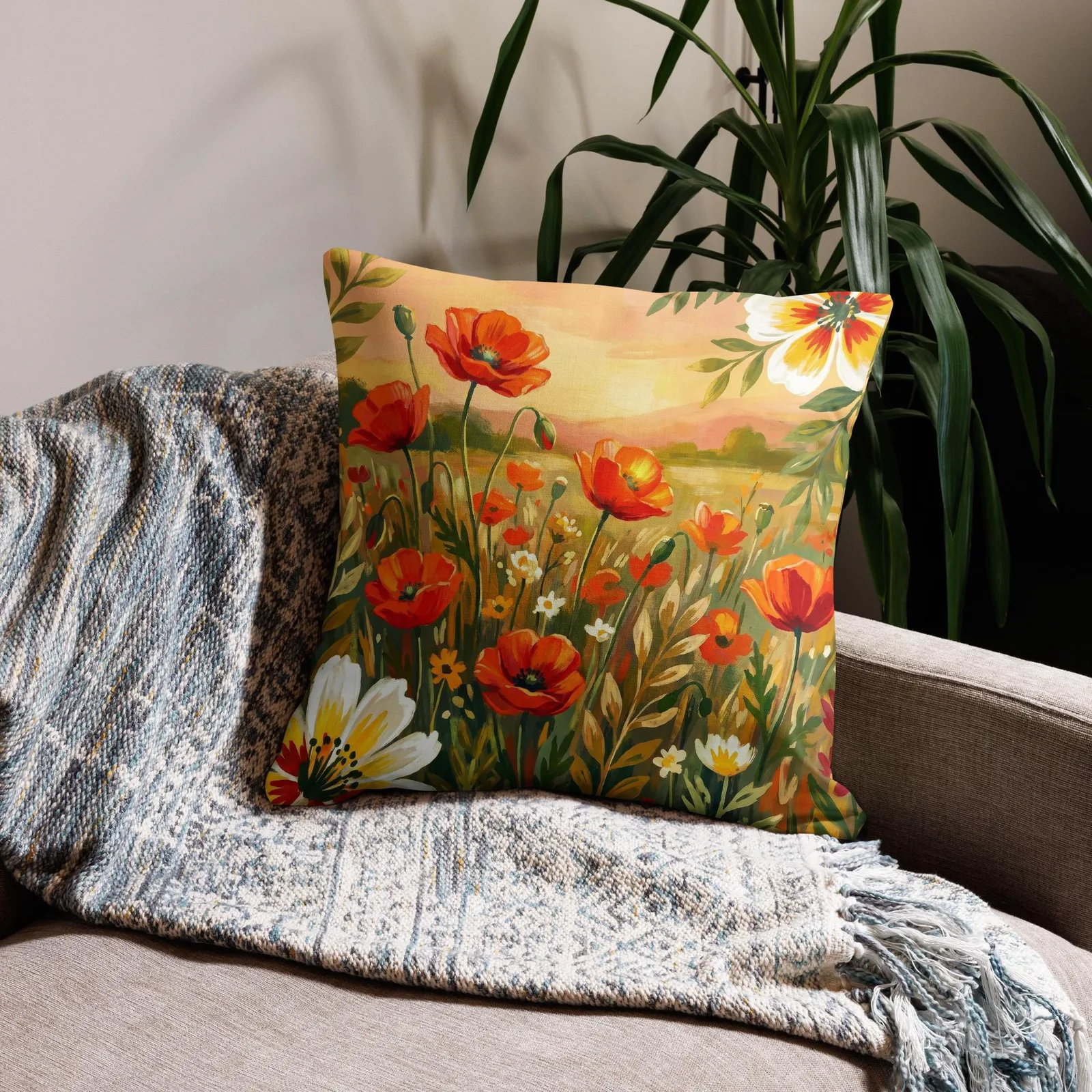Orange Poppy Throw Pillow: Coral Summer Floral Decor Cushion, photo 5