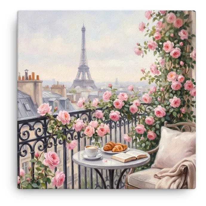 Paris Balcony Eiffel Tower Thin Canvas: French Breakfast Dream Wall Art