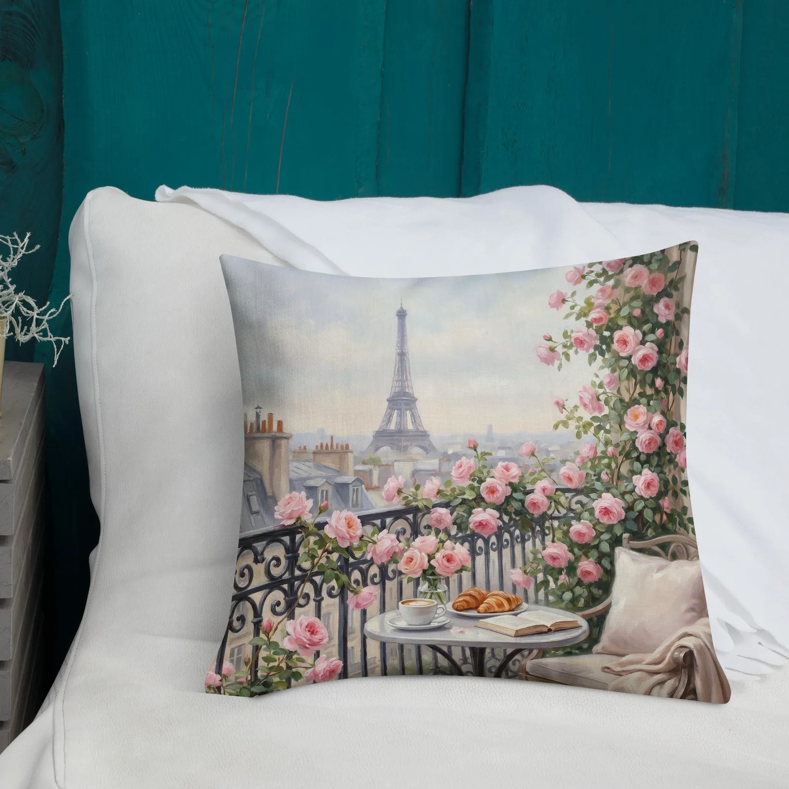 Paris Eiffel Tower Throw Pillow: Pink Rose Balcony Cushion, photo 2