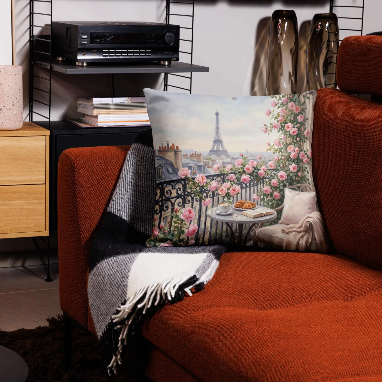 Paris Eiffel Tower Throw Pillow: Pink Rose Balcony Cushion, photo 10